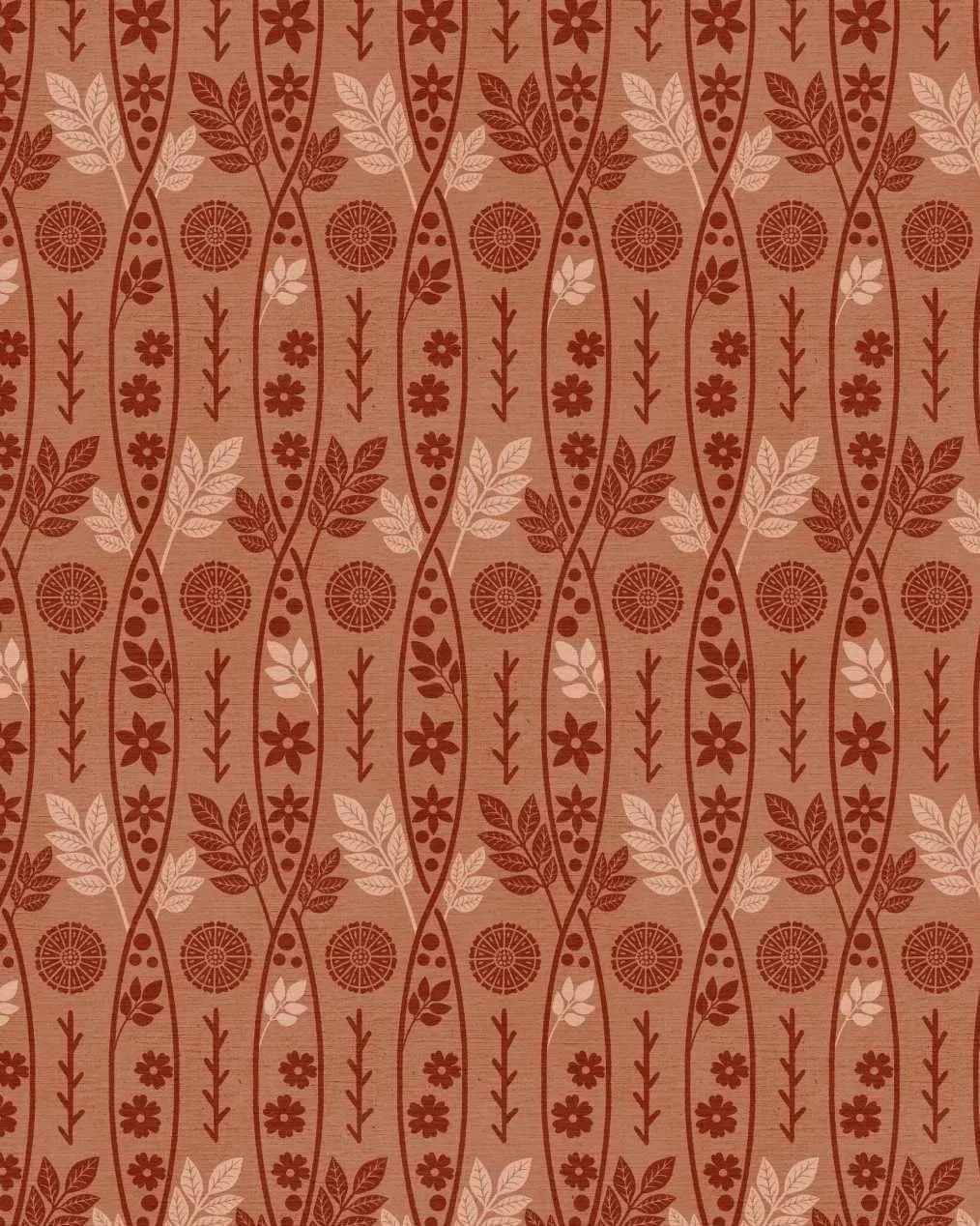 A seamless repeat pattern of a twisted ribbon-like stripe featuring botanical motifs in an Arts & Crafts style, in shades of coppery orange.