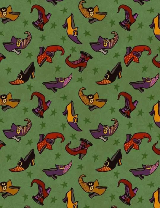 A seamless repeat design of funky witch shoes in shades of purple, black, red, orange, and yellow on a textured green background with green stars.