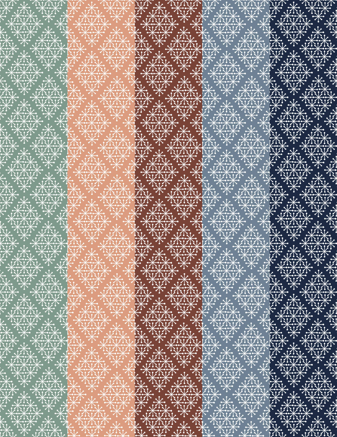 A mid century modern style pattern of white snowflake shapes clustered in a diamond layout on either green, peach, brown, blue, or a navy blue background.