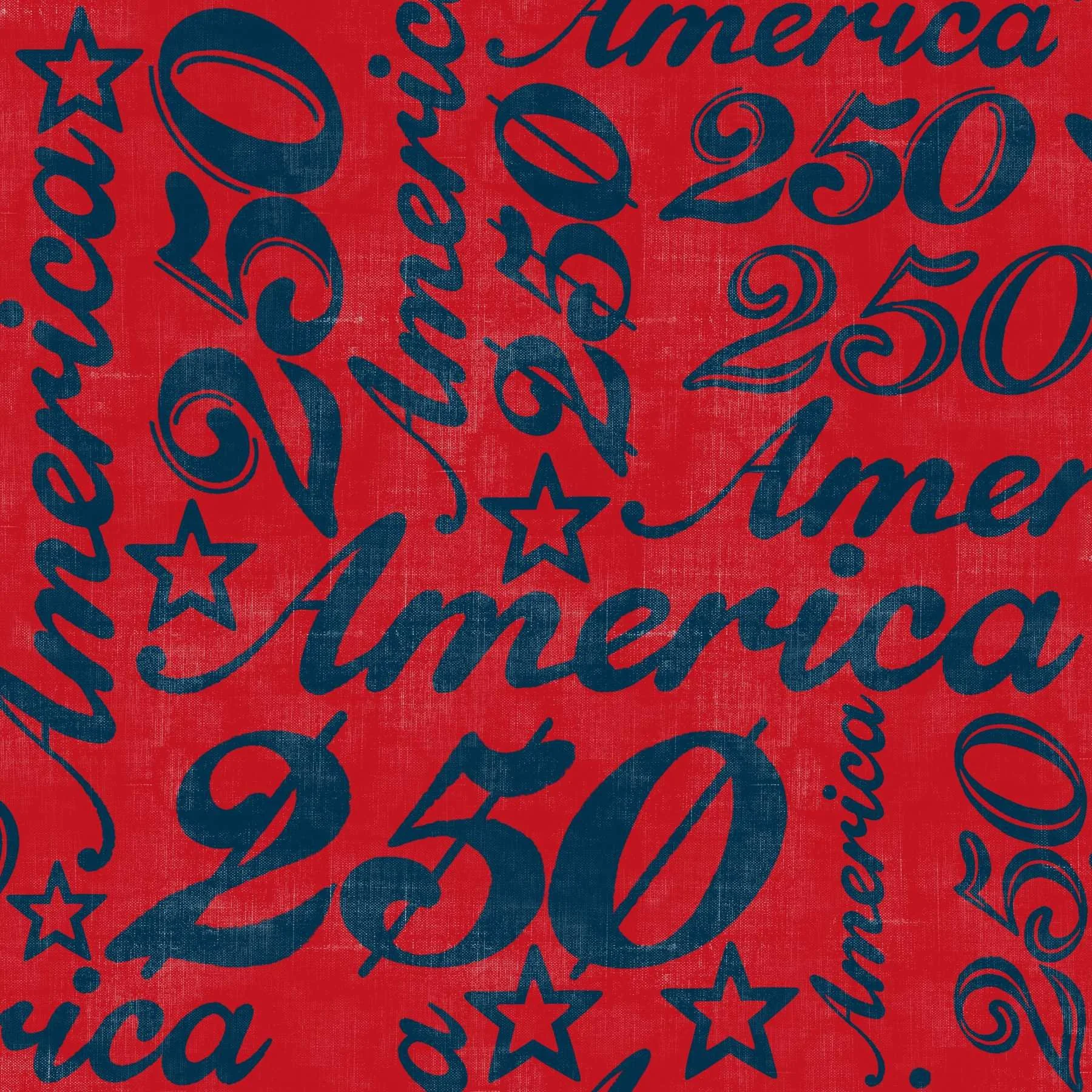 Stylized text pattern featuring "America" and "250" with stars in navy blue on a textured red background. Vintage, celebratory tone.