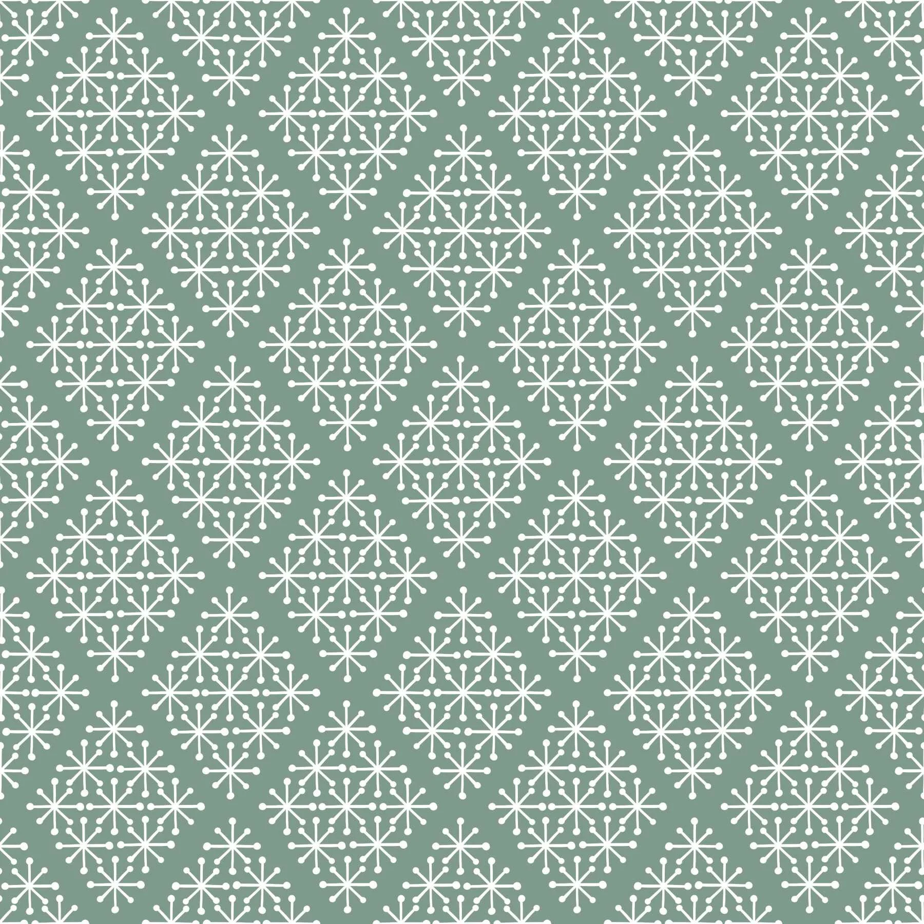 A mid century modern style pattern of white snowflake shapes clustered in a diamond layout on a sage green background.