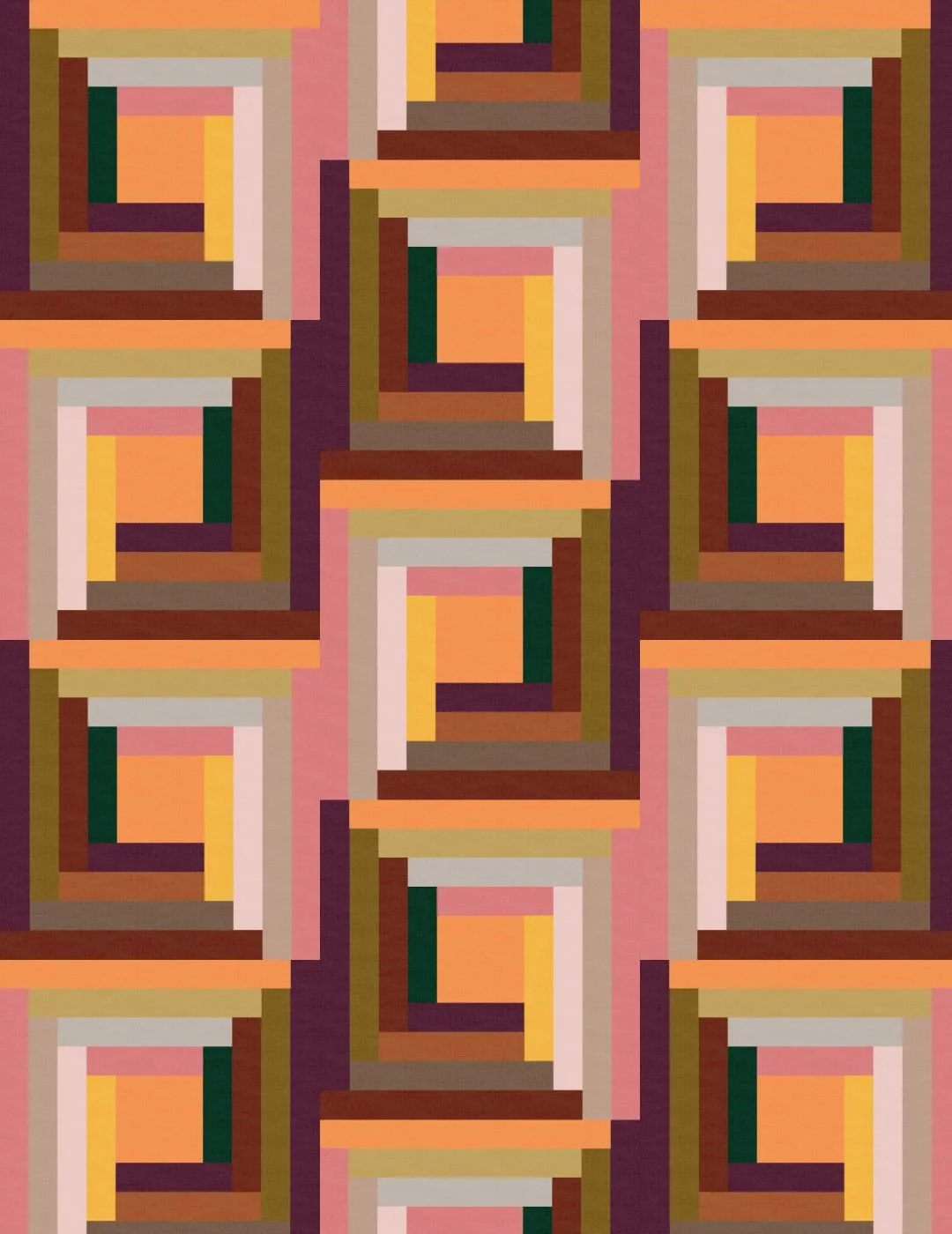 Seamless geometric log cabin quilt pattern with interlocking squares in shades of plum, pink, orange, brown, and green. The design creates a warm, retro vibe.