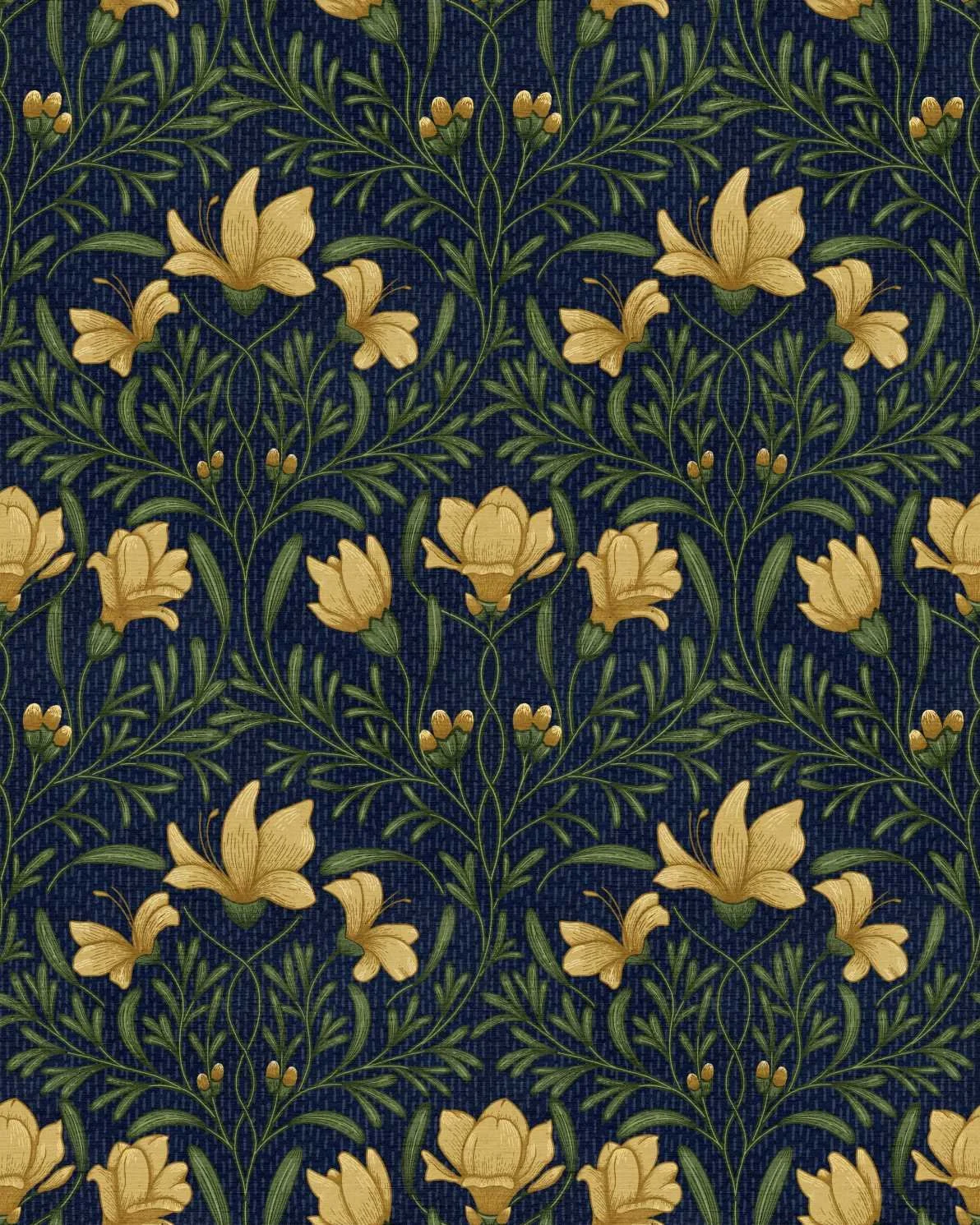 A seamless repeat pattern of yellow rosemary flowers and leaves in an Arts and Crafts style on a navy blue background.