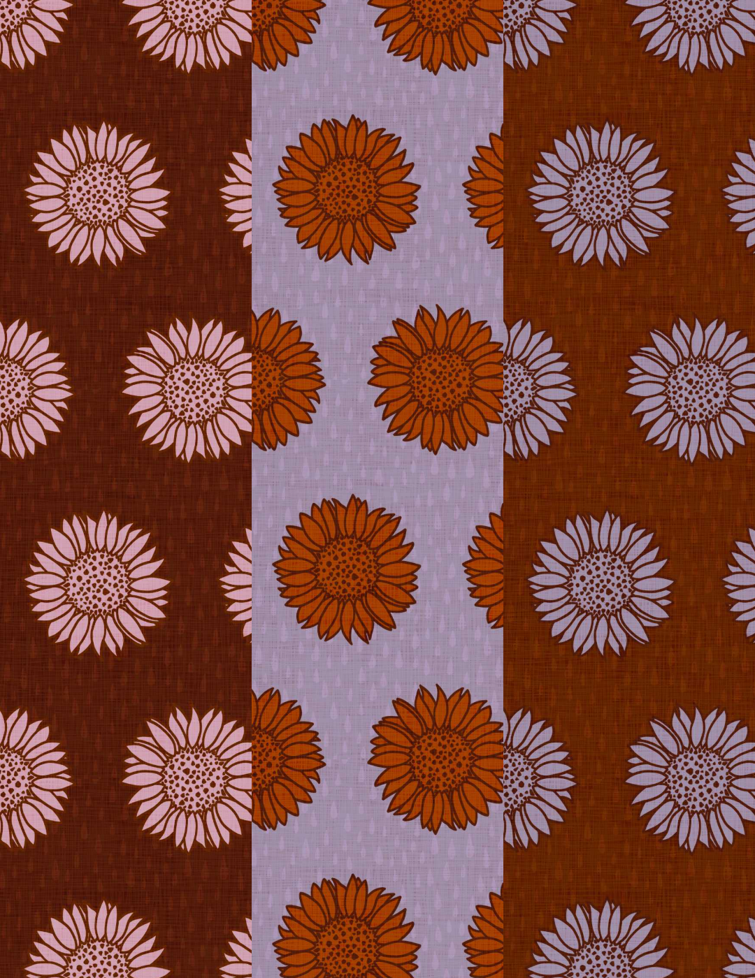 Pattern of evenly spaced sunflowers on a rich textured backgrounds in shades of pink, brown, orange, rust, and lavender. The design is symmetrical, creating a calm and orderly aesthetic.