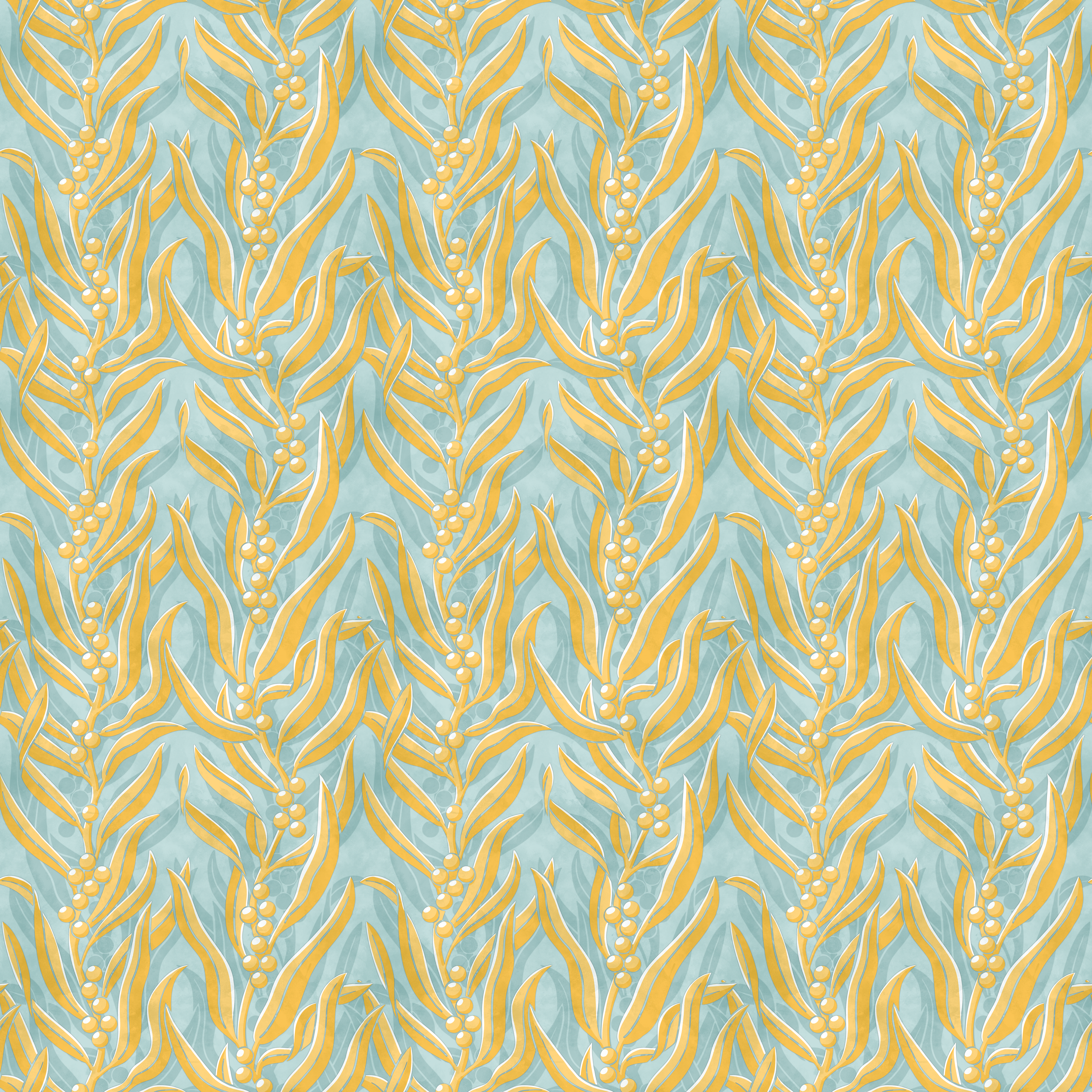 Pattern featuring sea kelp with yellow leaves on a textured, muted aqua background, conveying a calm, organic feel.