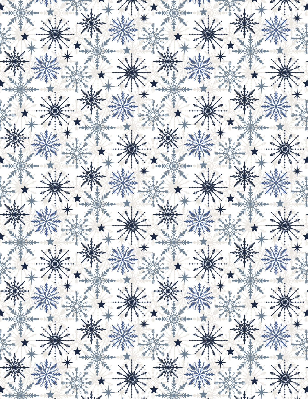 A layered pattern of intricate snowflakes in shades of blue on top of subtle off white snowflakes, all on a white background.