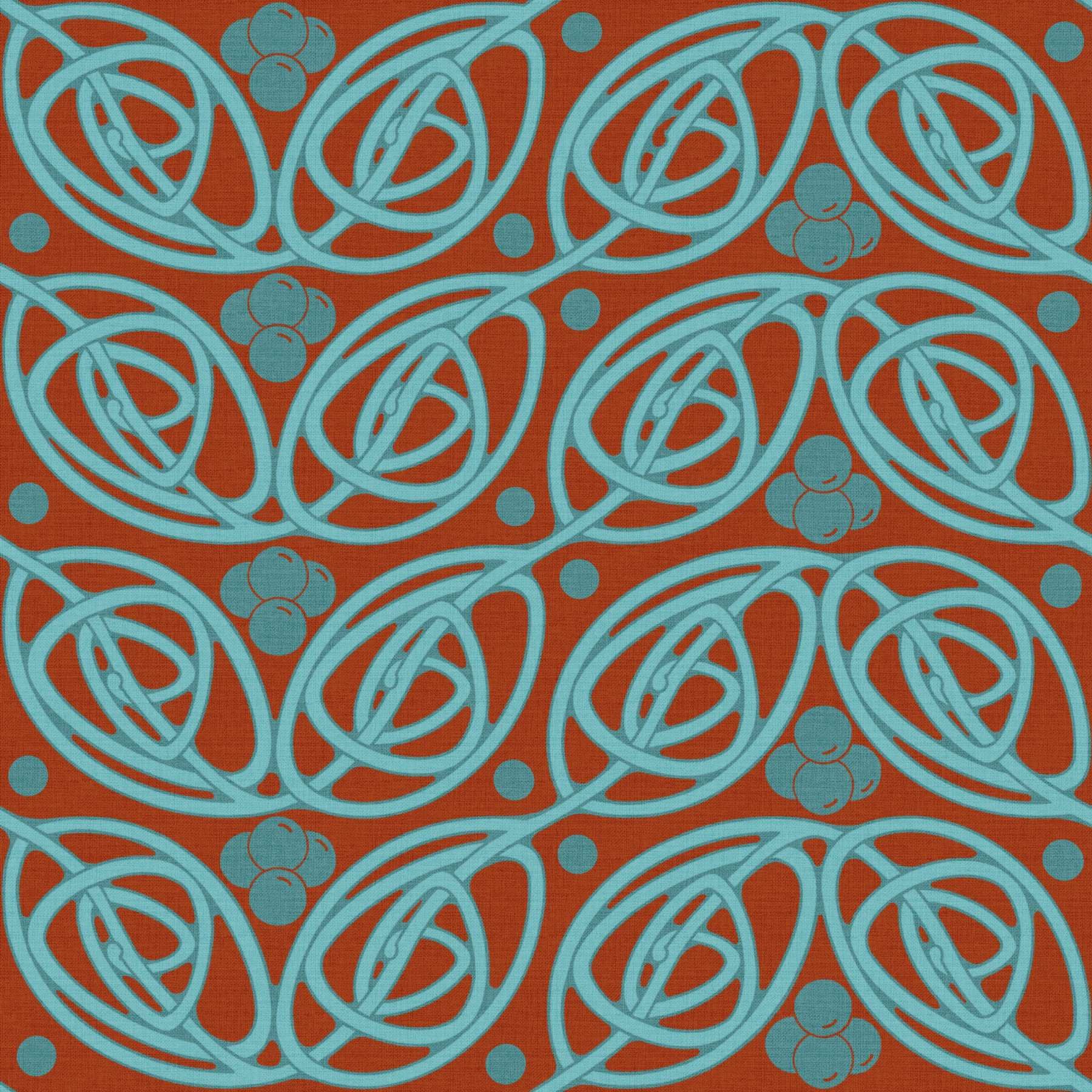 An Art Nouveau style design of eye shaped knotwork in teal and burnt orange.