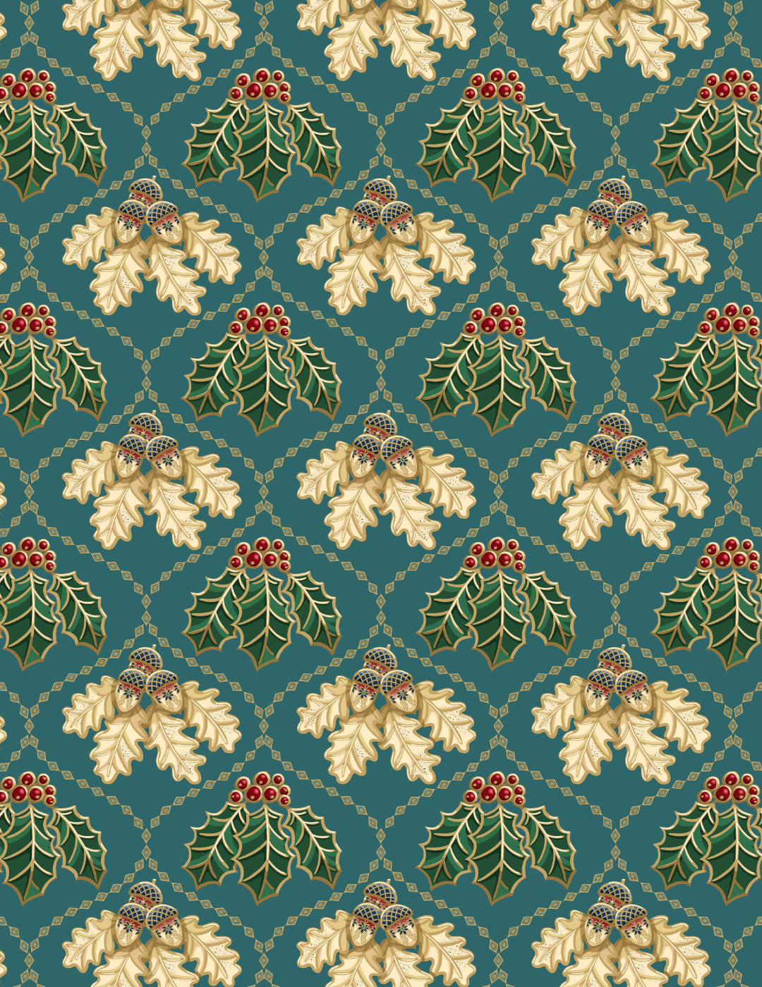 Damask-style repeating pattern with green holly sprigs, cream oak leaves, and navy acorns arranged in a gold diamond lattice on a deep teal background.