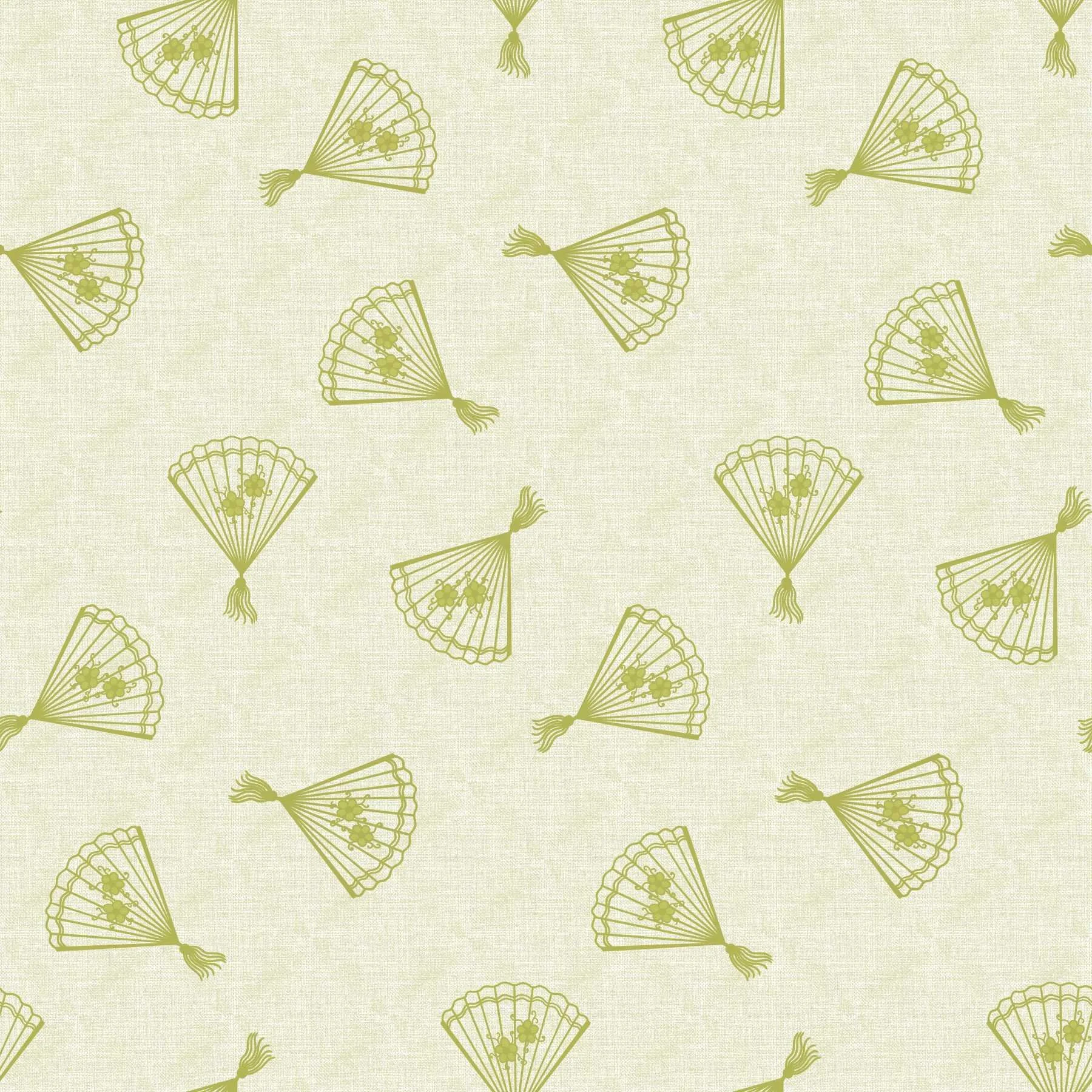 Grandmillennial fans pattern in chartreuse green  arranged in tossed patter on a linen texture background, blending vintage southern charm with timeless preppy elegance.