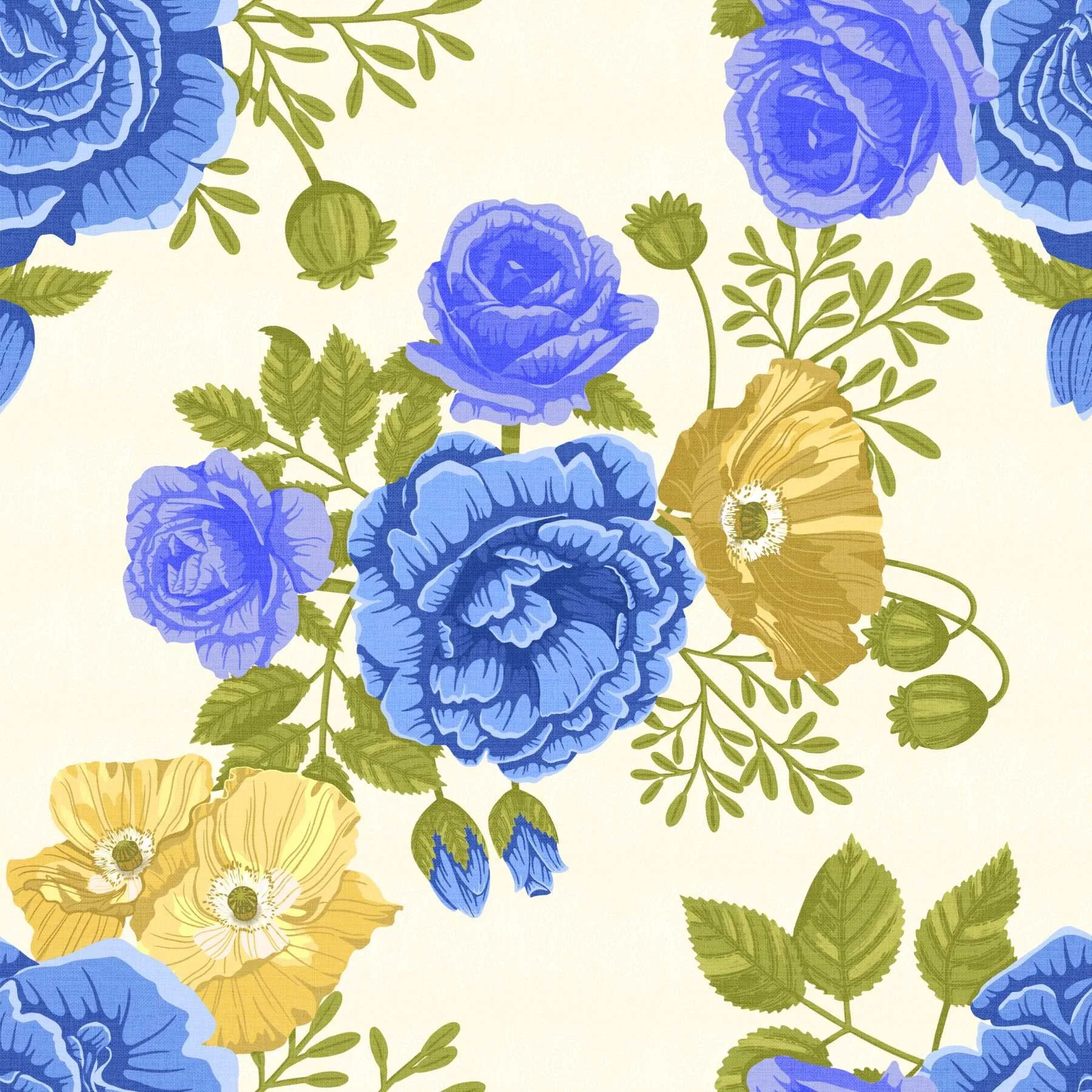 A seamless pattern in a chintz style of roses in shades of blue, yellow poppies, and green leaves on a cream colored background.