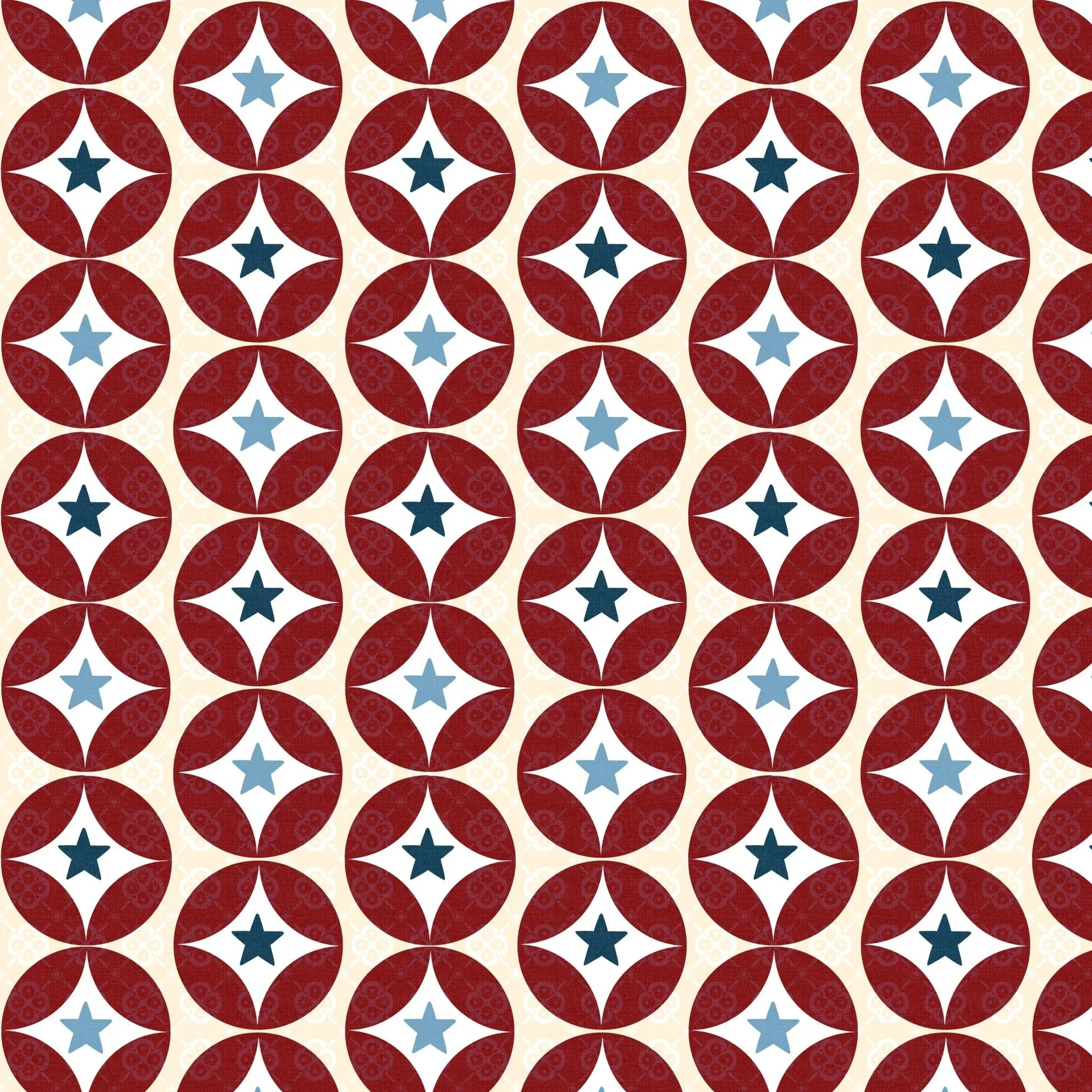 Repeating geometric pattern with red circles, white diamond shapes, and blue stars. Background is a soft cream with subtle floral motifs.