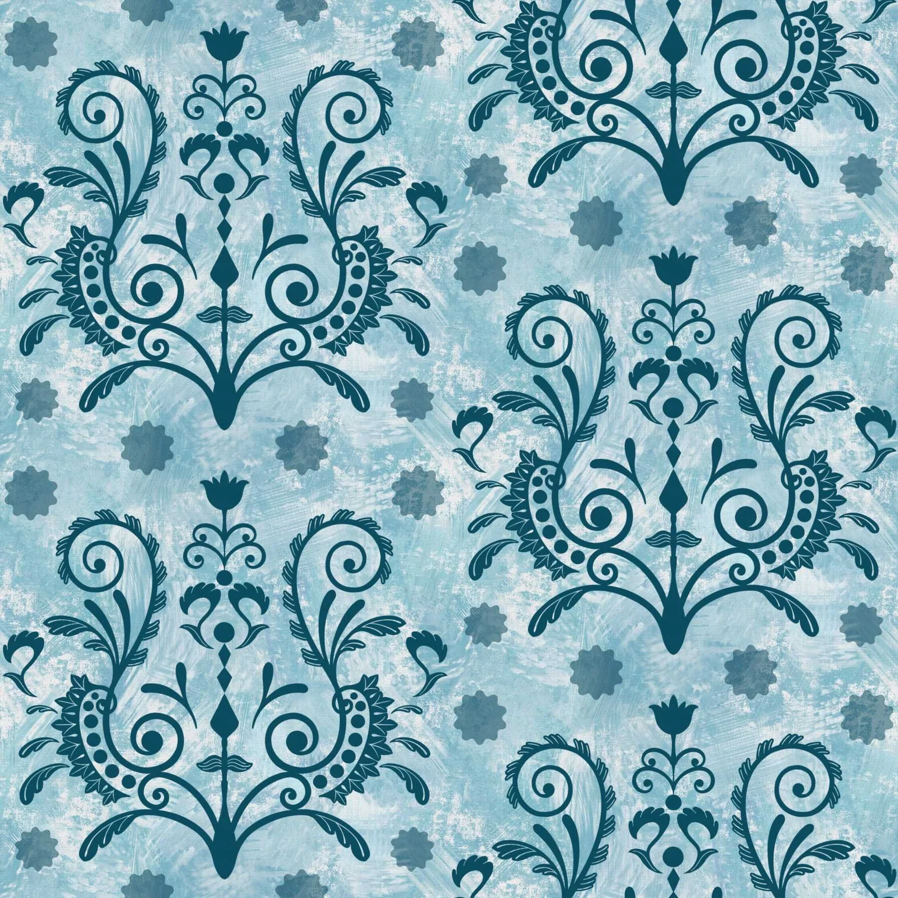 A seamless pattern of ornate lyre shaped motifs on a background of painted brush strokes.  The artwork is in shades of turquoise and  white.