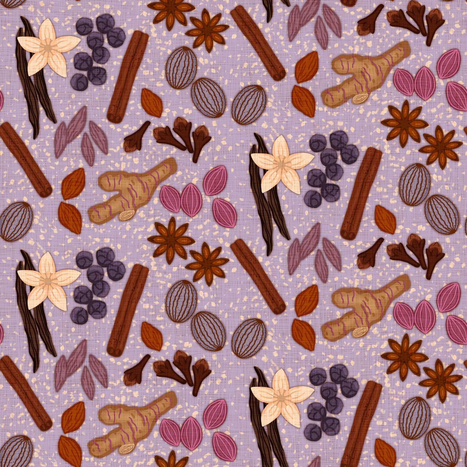 Illustrated chai spices including cinnamon sticks, star anise, ginger, vanilla pods, and cloves on a lavender background.
