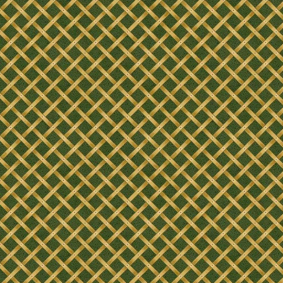 A seamless repeat pattern of a square woven wood garden lattice in golden tan on a textured green background.