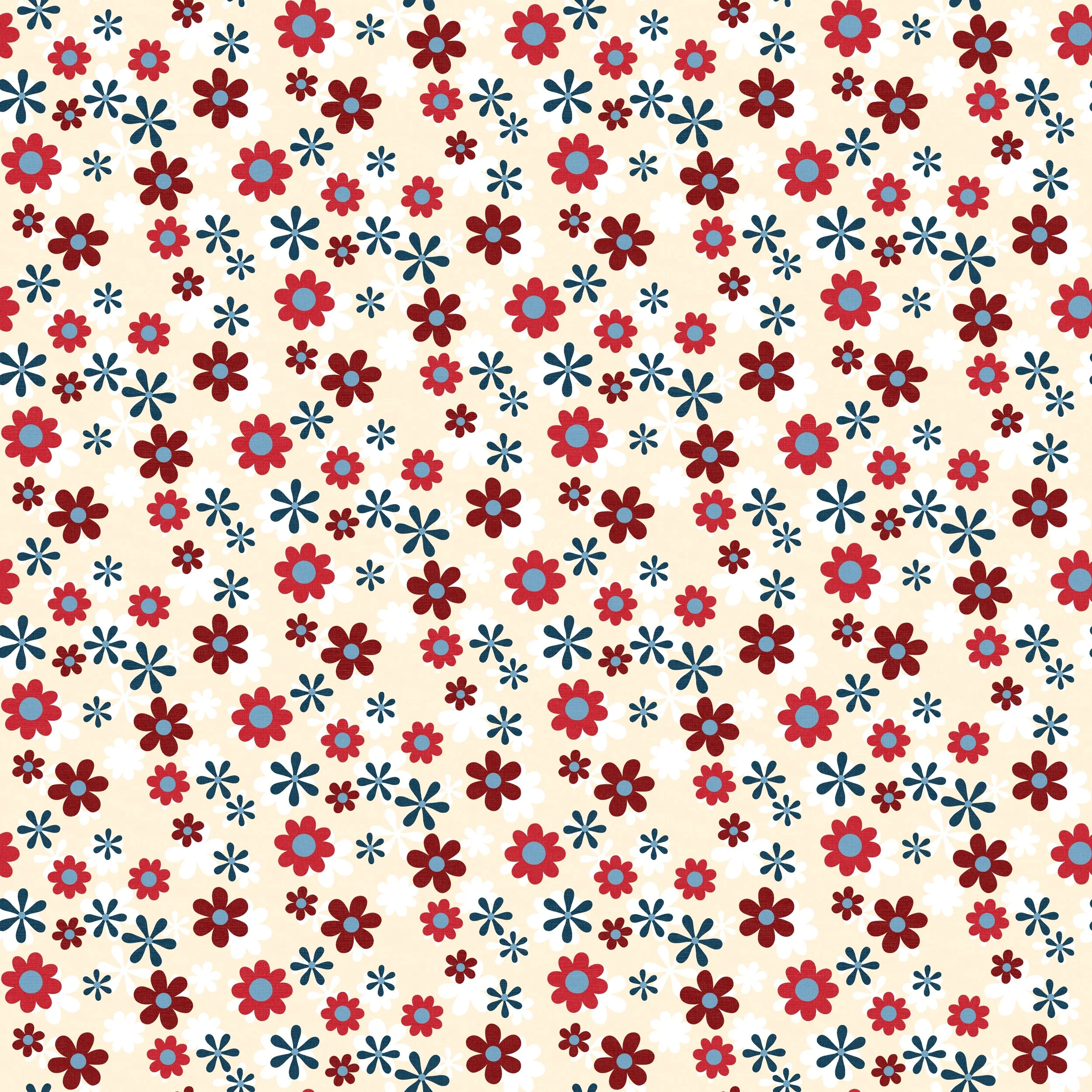 A seamless Americana floral pattern with red, blue, and white flowers on a cream background. The design conveys a cheerful, retro vibe.