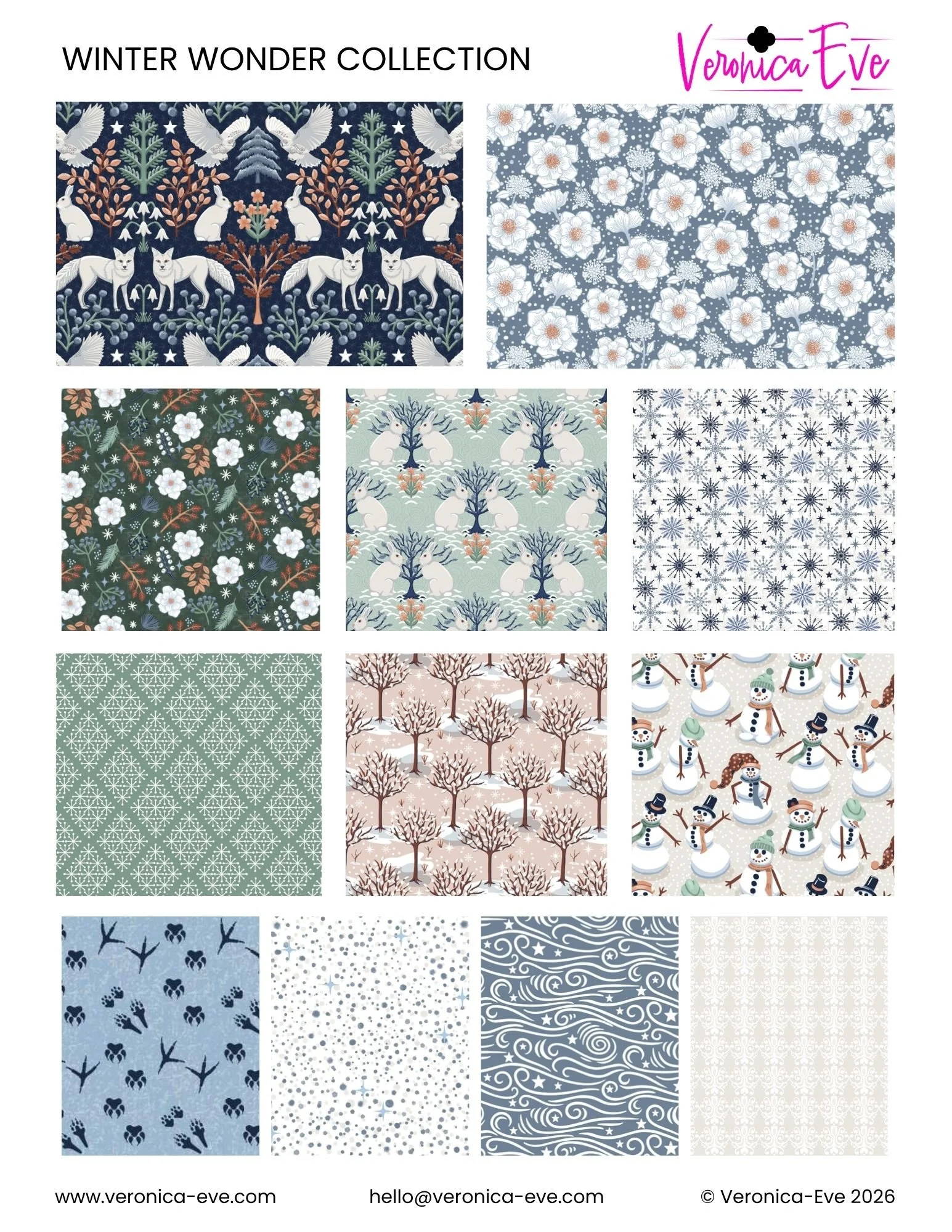 Wintery folk pattern collection with snowmen, foxes, owls, and botanicals in dusty blue, sage green, and rust brown tones
