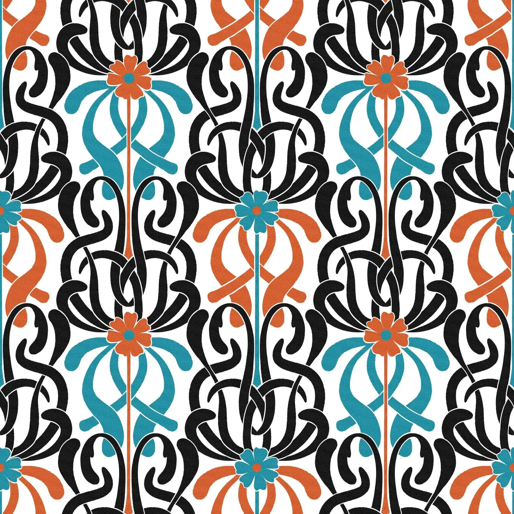 An abstract botanical pattern in an Art Nouveau style in black, teal, and orange on a white background.