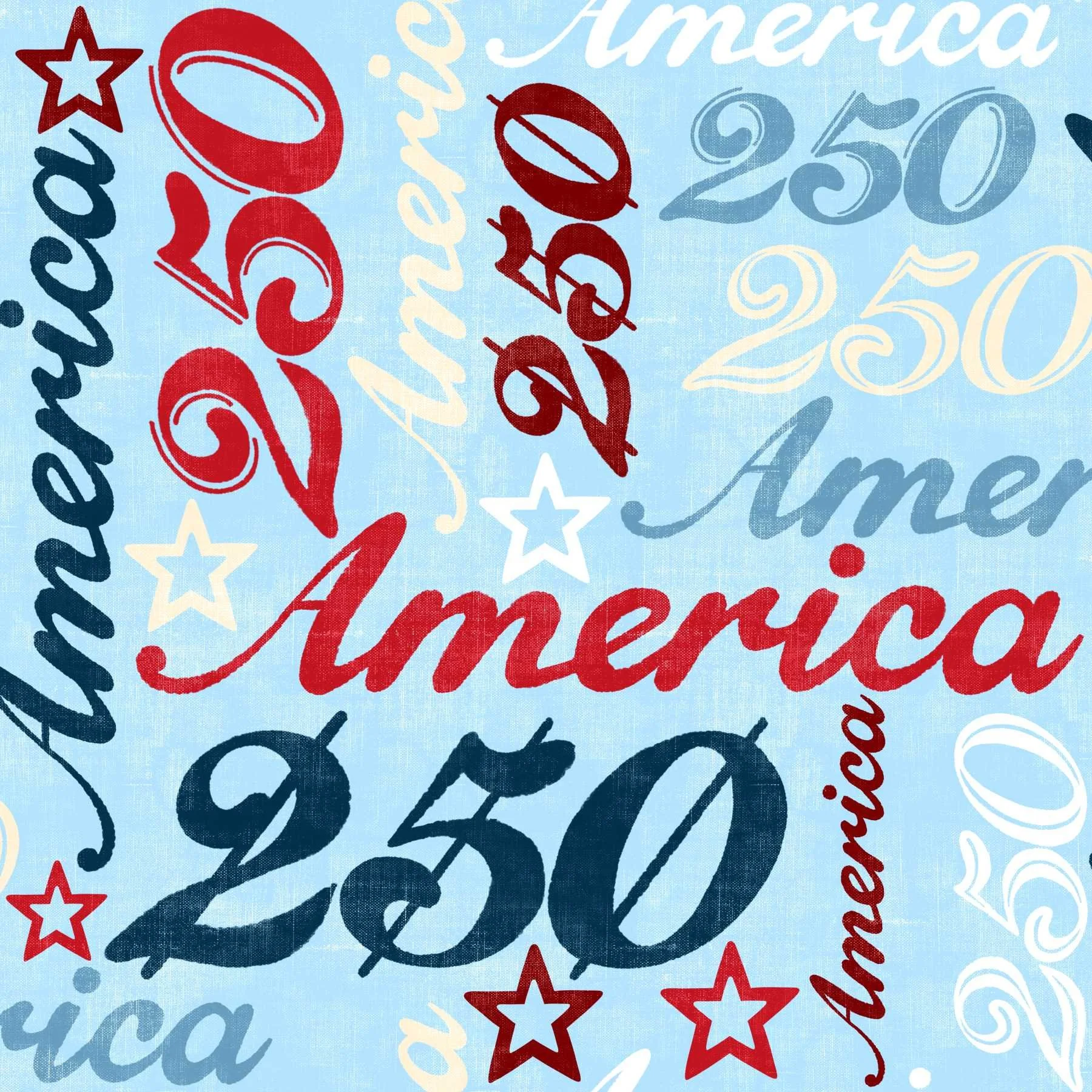 Stylized text pattern featuring "America" and "250" with stars in red, white, navy blue, and cream on a textured light blue background. Vintage, celebratory tone.