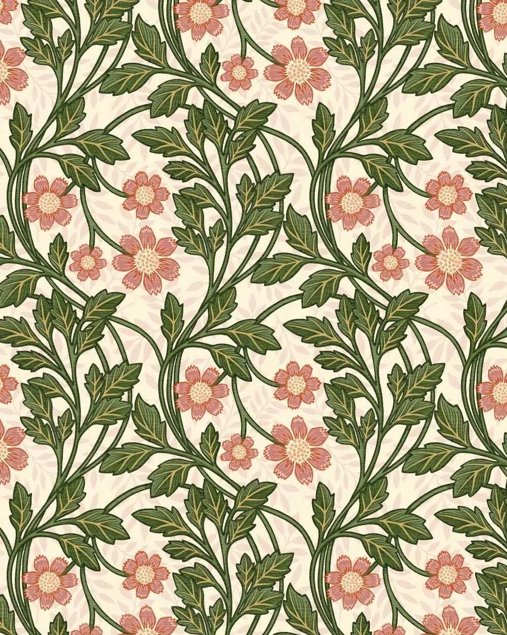 A seamless repeat pattern of trailing floral vines with pink flowers in an Arts & Crafts style on a cream background with pale pink leaf stems.