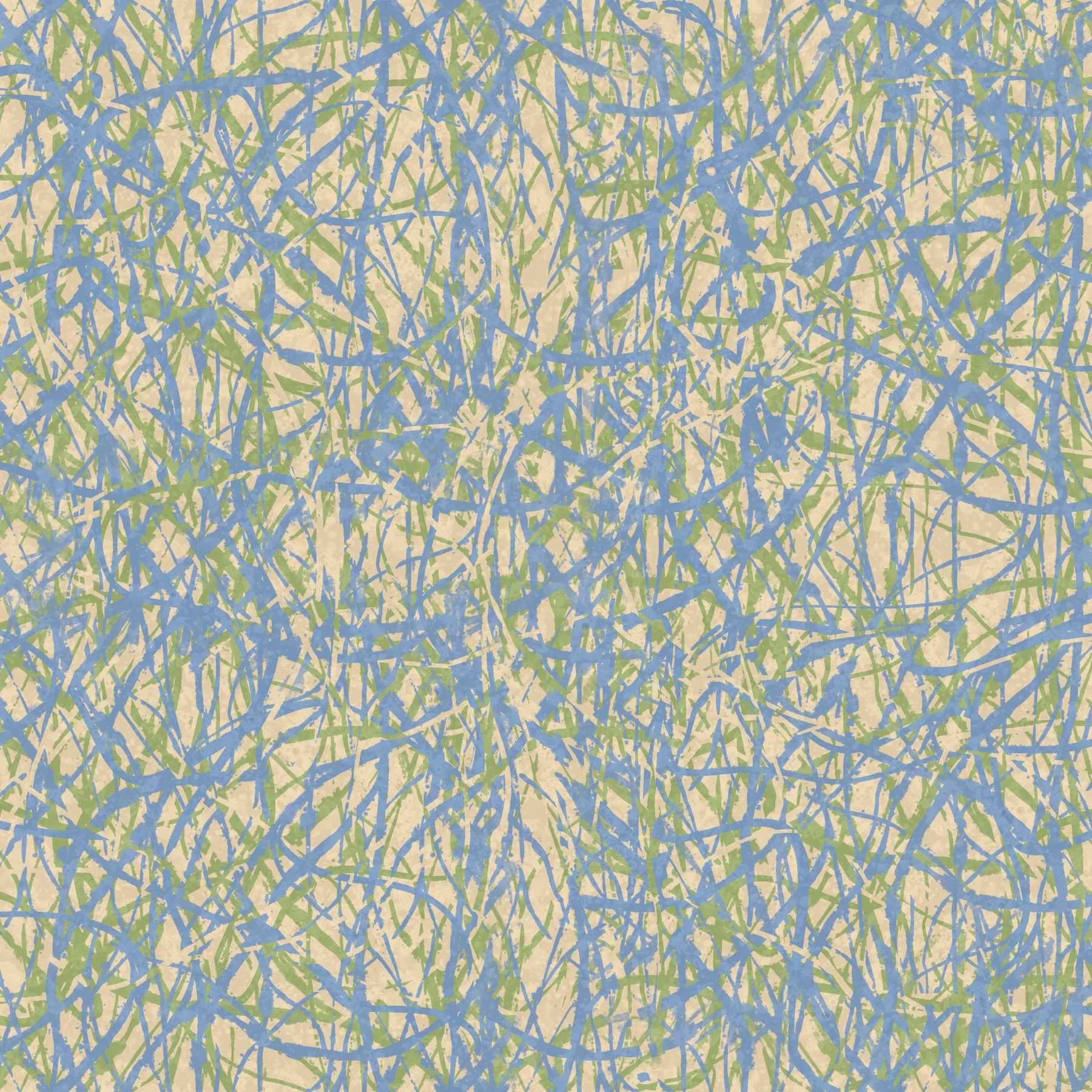 A vibrant abstract pattern inspired by seaweed, features intersecting blue and green lines on a beige background, creating a dynamic and energetic feel.