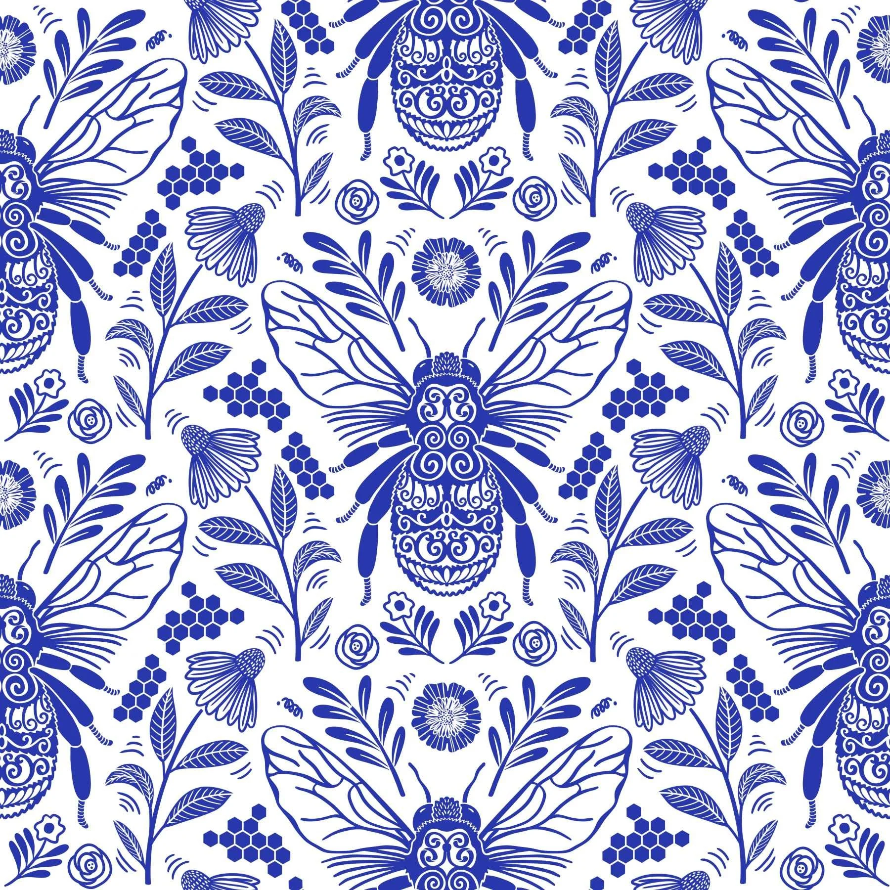 A seamless repeat pattern of ornately decorated bumble bees surrounded by flowers and honeycomb motifs in cobalt blue on a white background.
