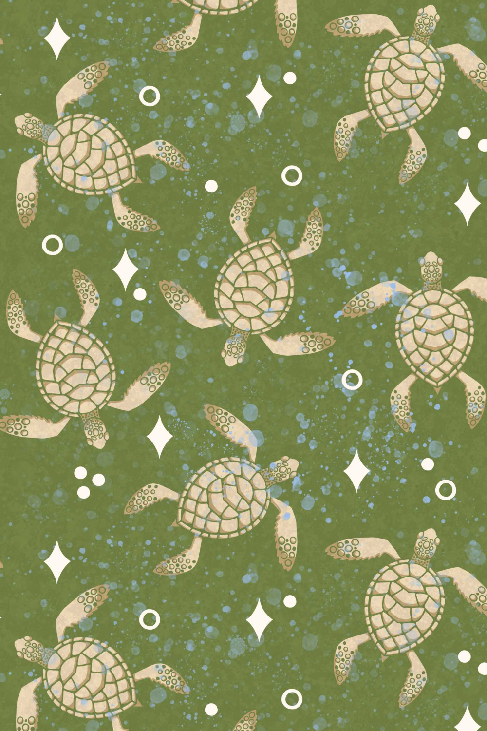 A pattern featuring beige sea turtles swimming in green water with bubbles and sparkles.