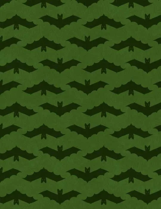 A pattern of dark green bats with wings extended, evenly arranged in rows on a textured green background.