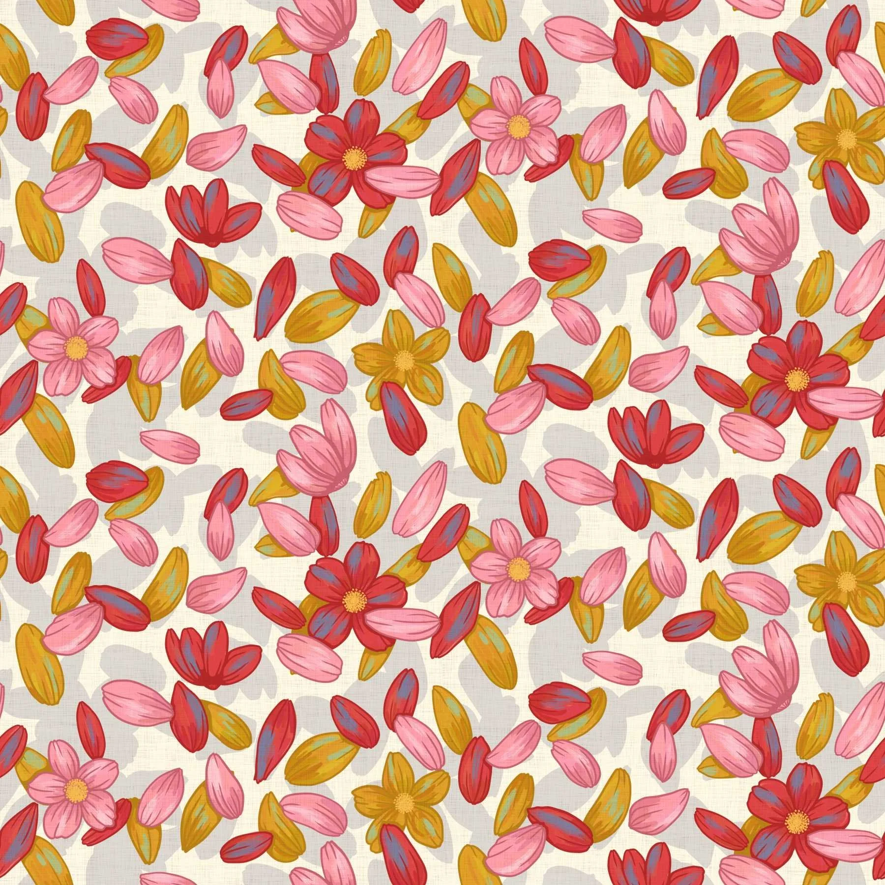 A seamless pattern of small flowers and floating flower petals in pink, red, and yellow on a cream background.