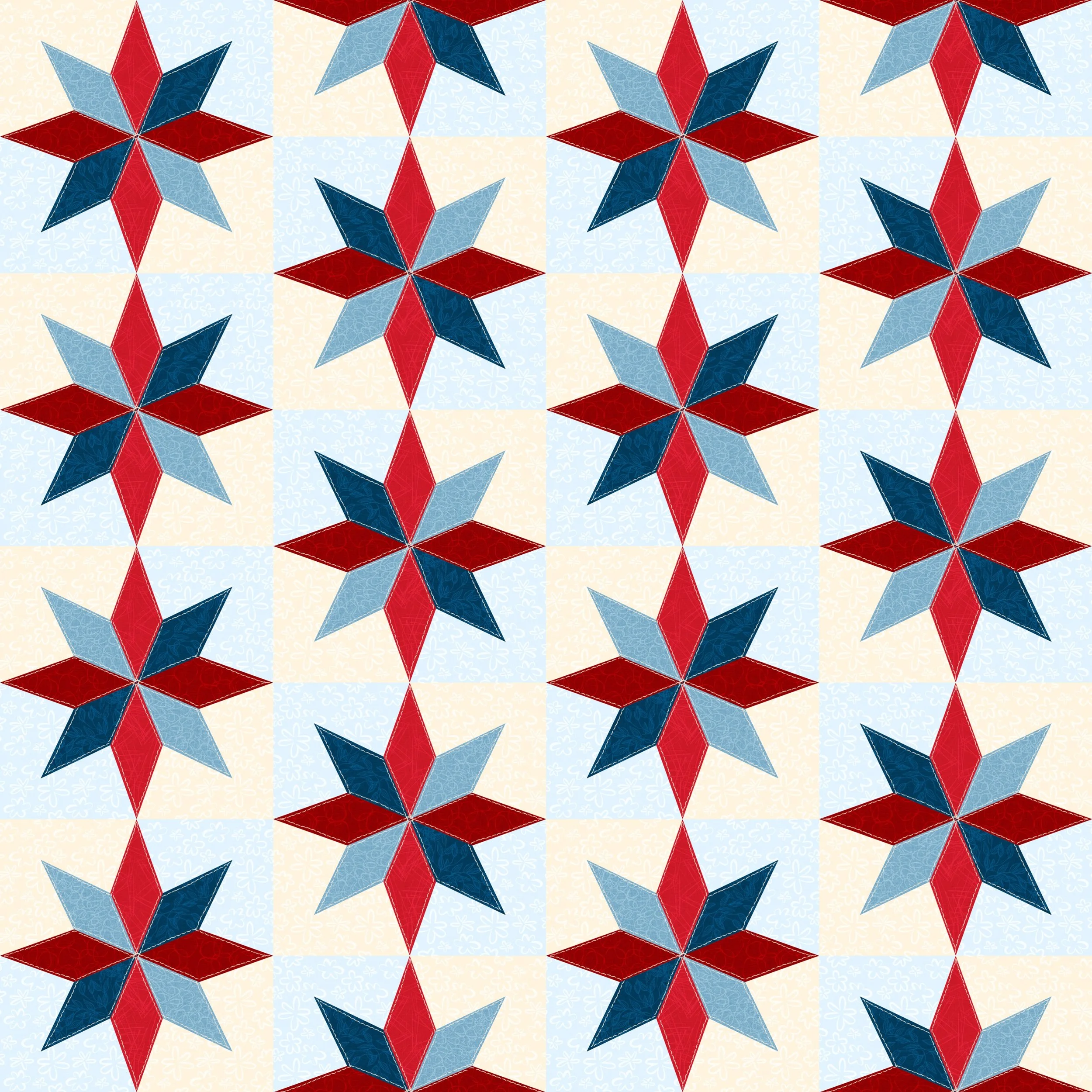 Geometric pattern with star shapes in red, blue, and light blue on a grid with pale yellow and blue floral backgrounds, creating a quilt-like effect.