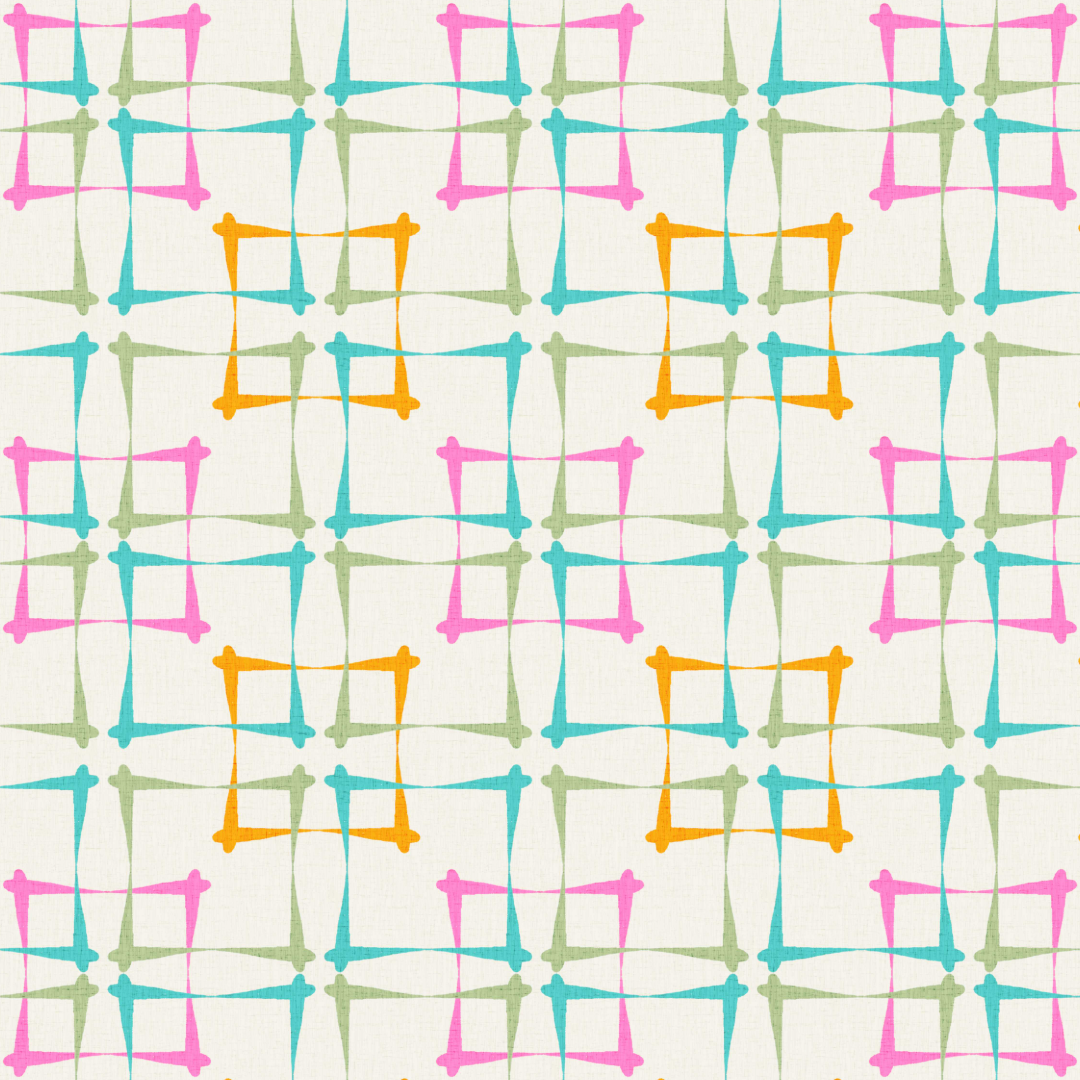 An image of a mid-century modern style geometric pattern of colorful overlapping squares on a textured background.