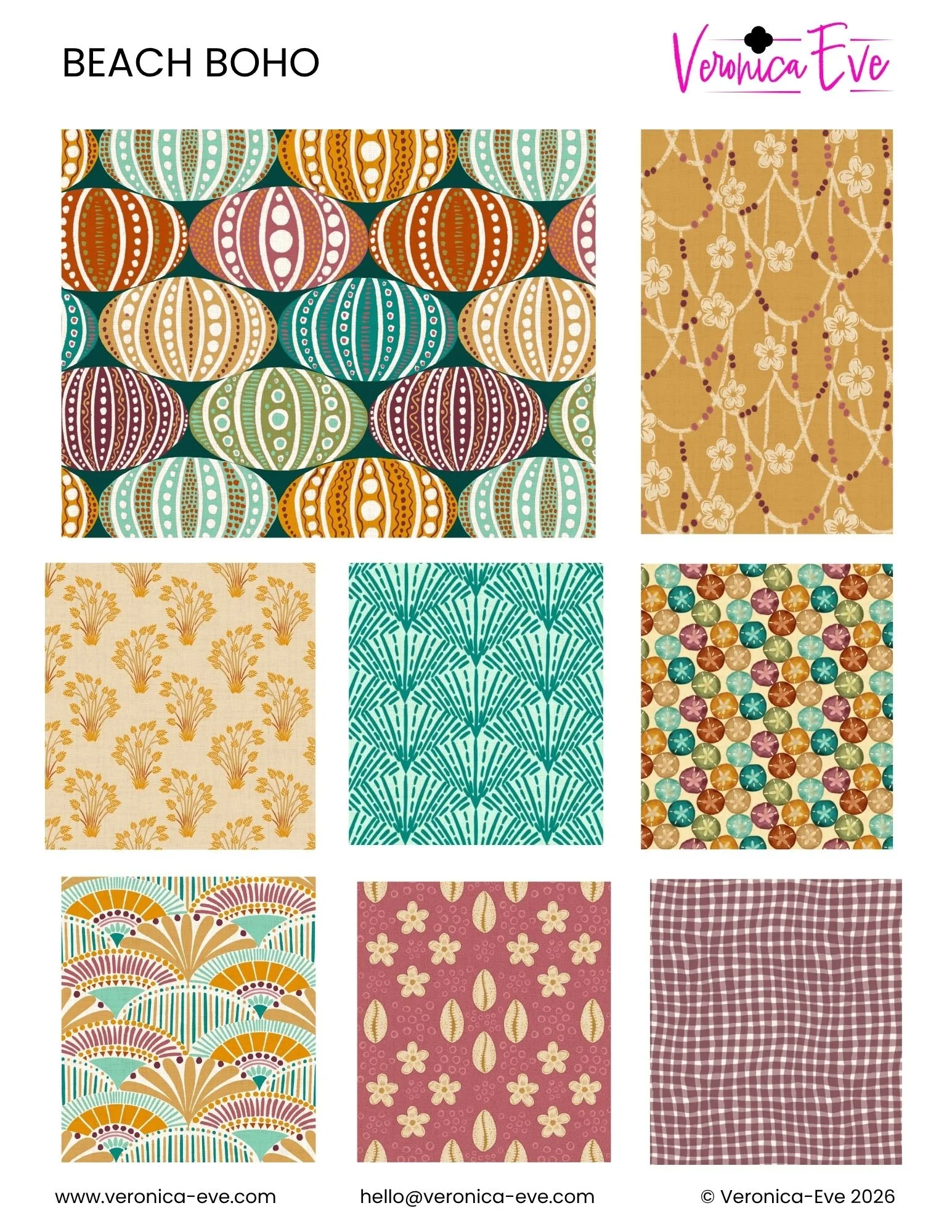 A tear sheet featuring 8 designs in the Boho Beach Collection by Veronica Eve.  The designs have an earthy multicolor palette and beach inspired themes.