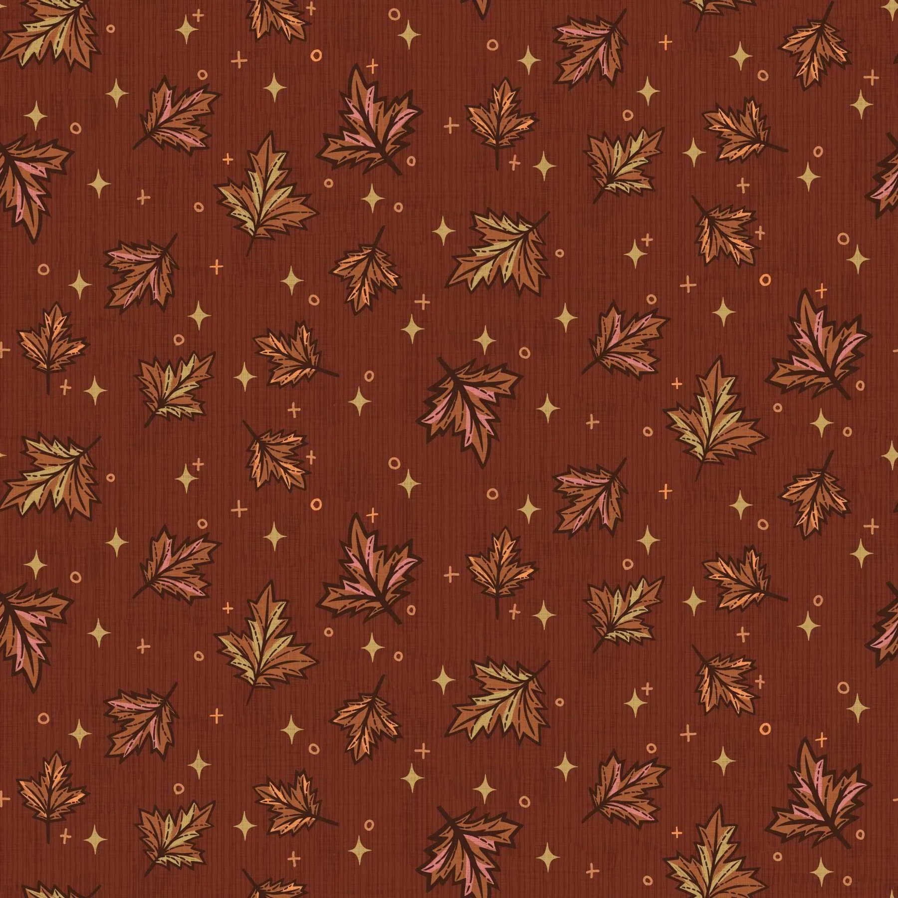 Scattered maple leaves in rust, pink, and gold with tiny star and cross accents on a rust red background.