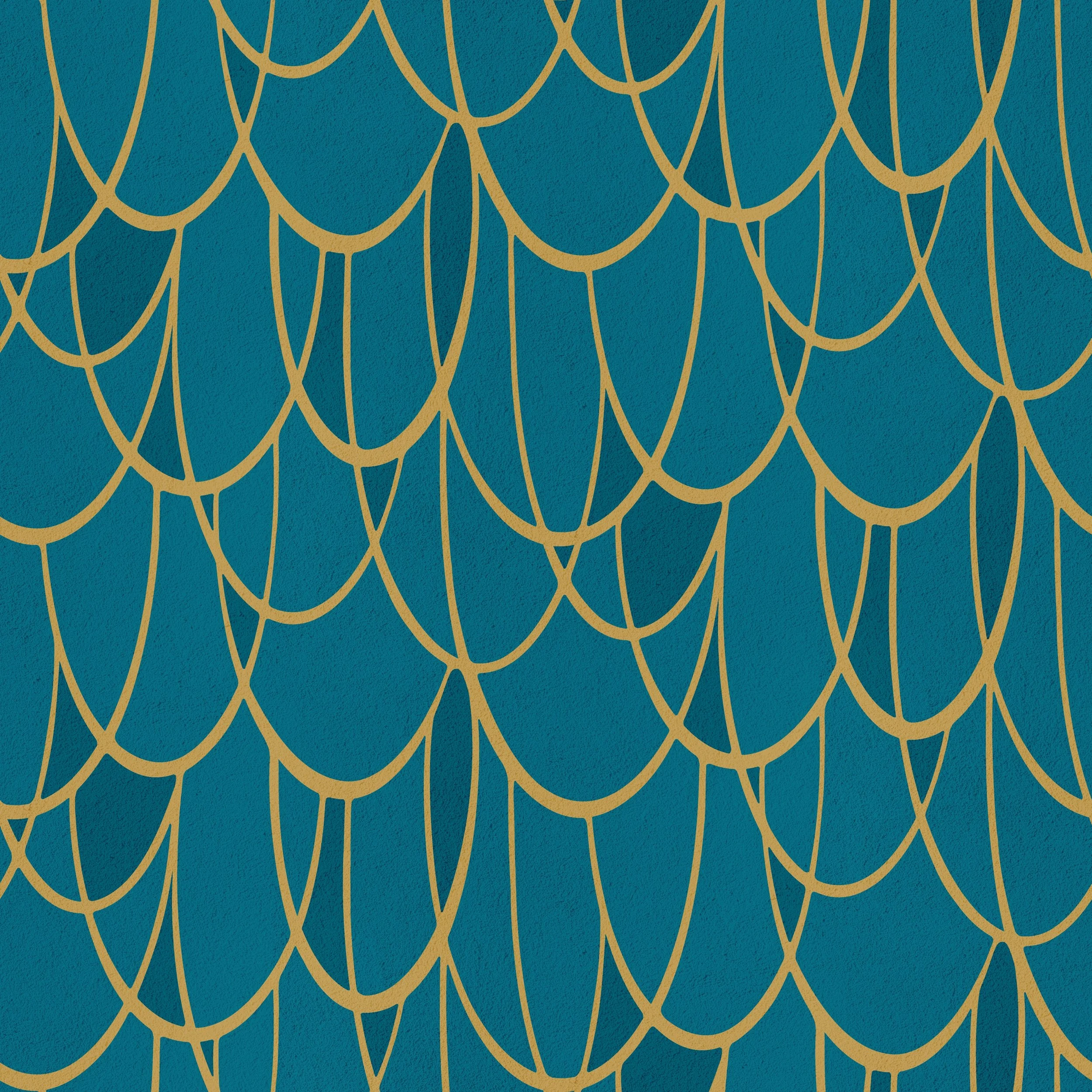 A seamless repeat pattern of layered gold linework catenary arches on a teal background.