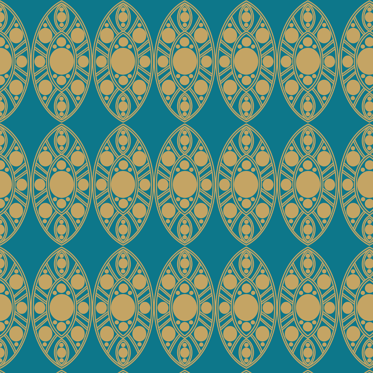 A seamless repeat pattern of geometric oval shapes arranged in rows in gold on teal.
