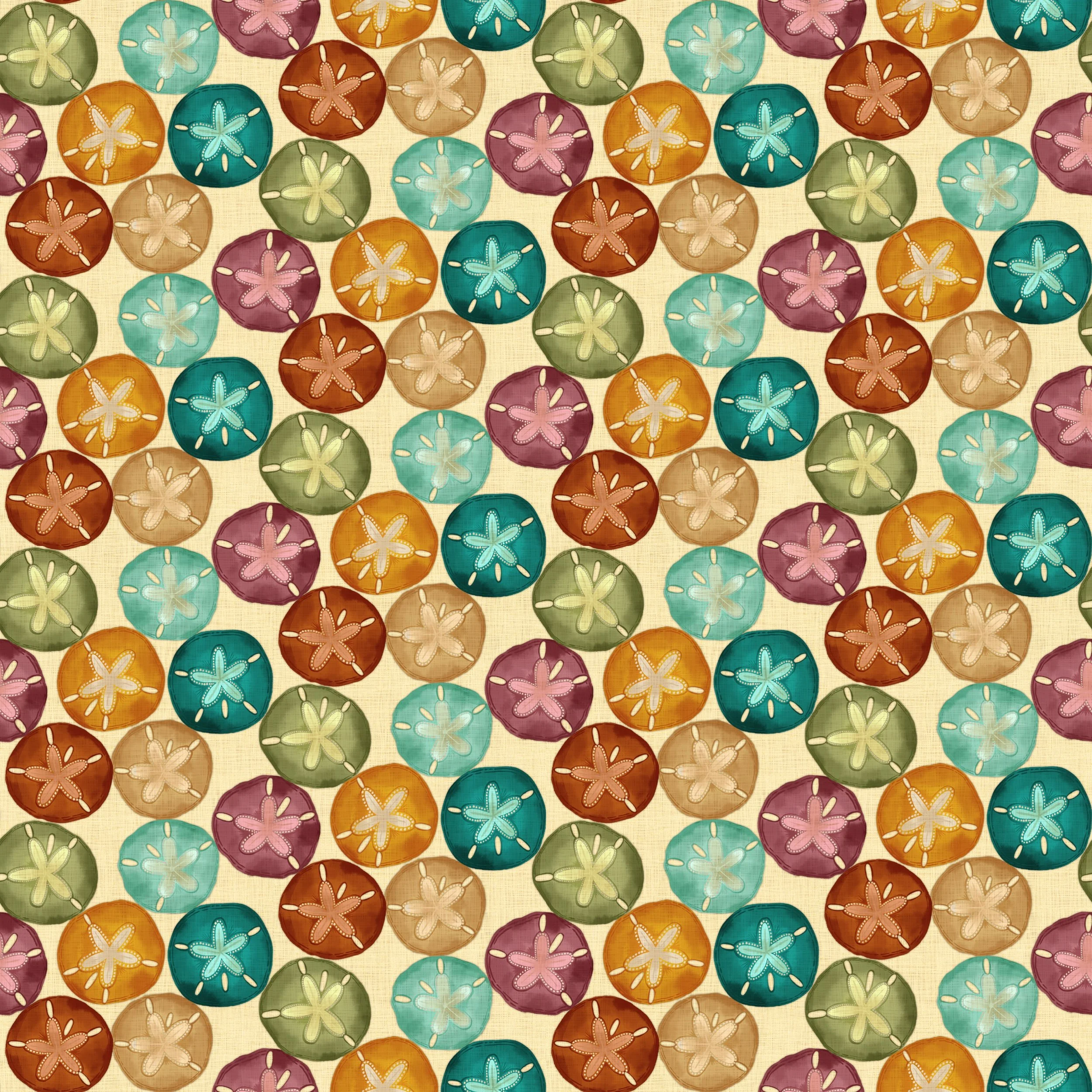 Colorful pattern of watercolor sand dollars in teal, orange, mauve, brown, green, and beige, arranged on a light tan background, creating a cheerful mood.