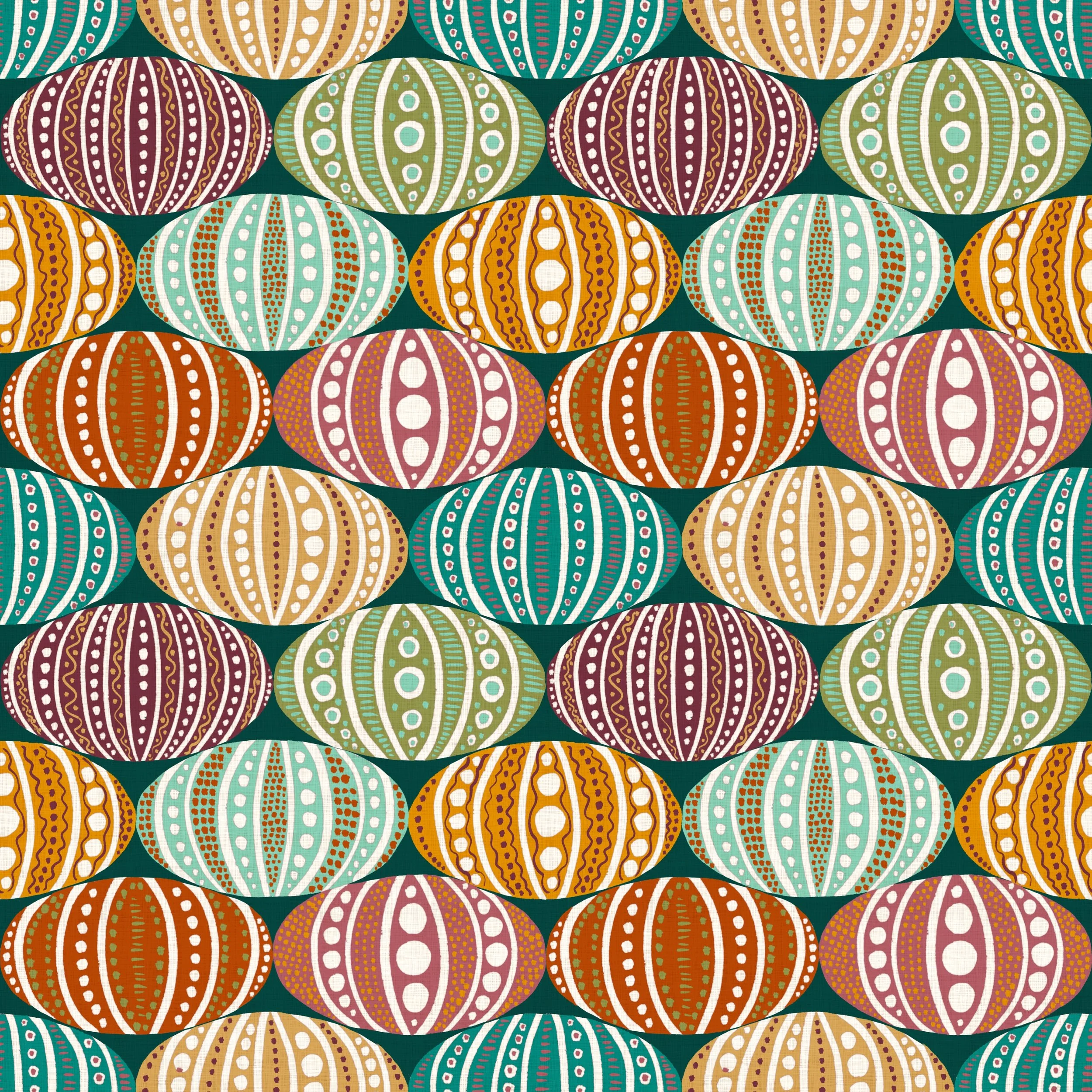 Colorful repeating pattern of oval shapes with intricate white dotted and striped designs. The pattern features green, teal, orange, and purple tones.