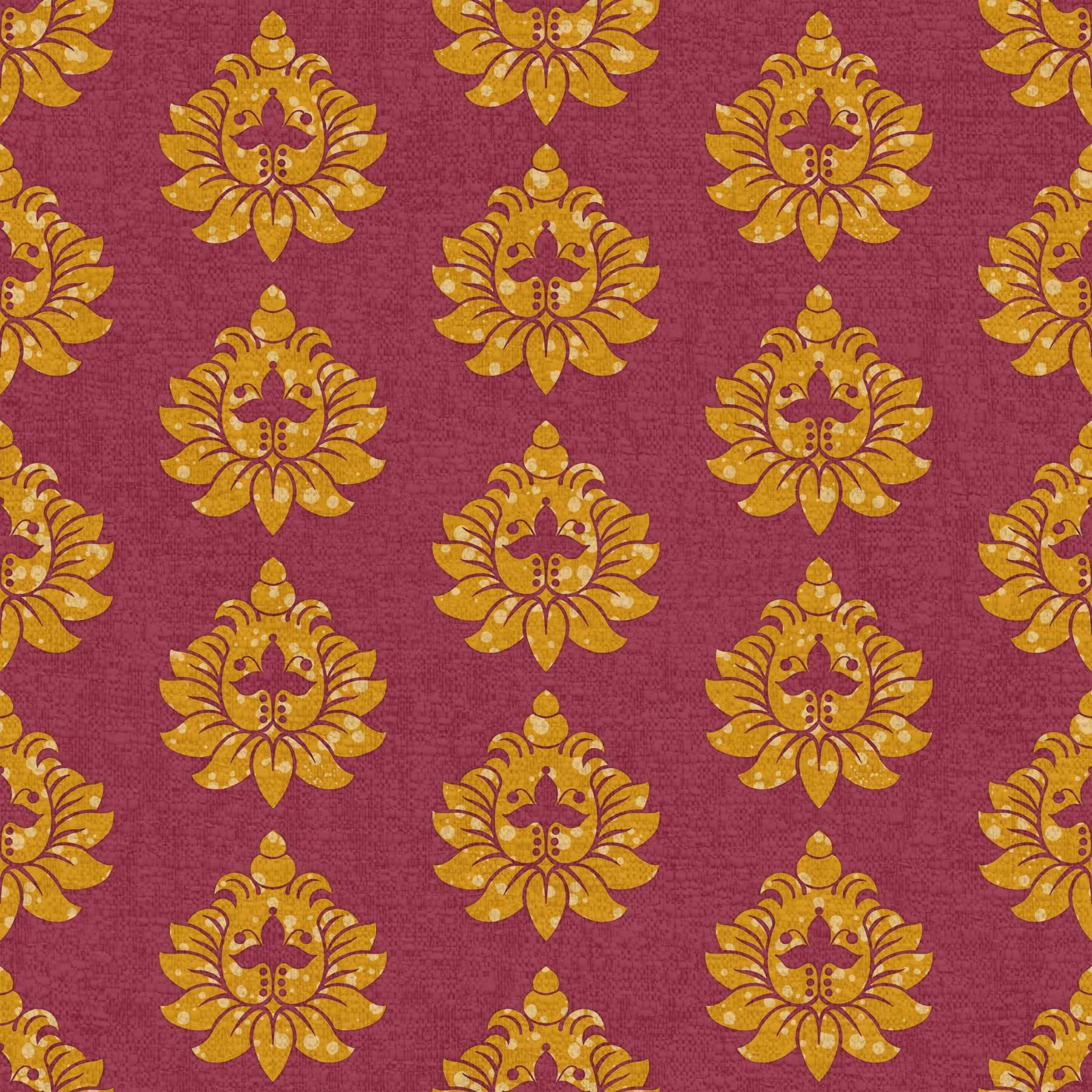 A seamless pattern of golden yellow botanical medallions with cream spots on a dark rose background.