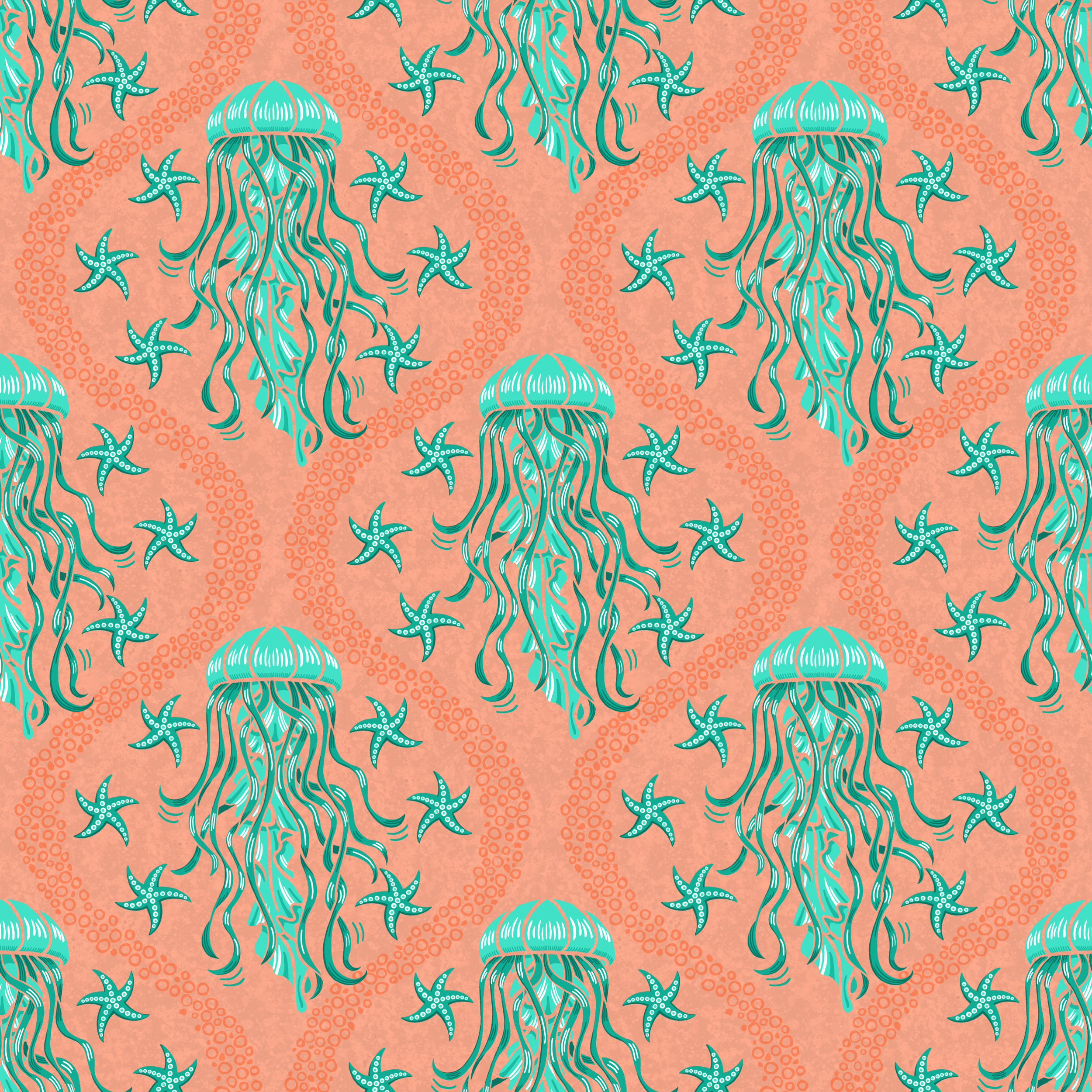 A pattern featuring aqua jellyfish and starfish surrounded by bubbles on an coral orange background.