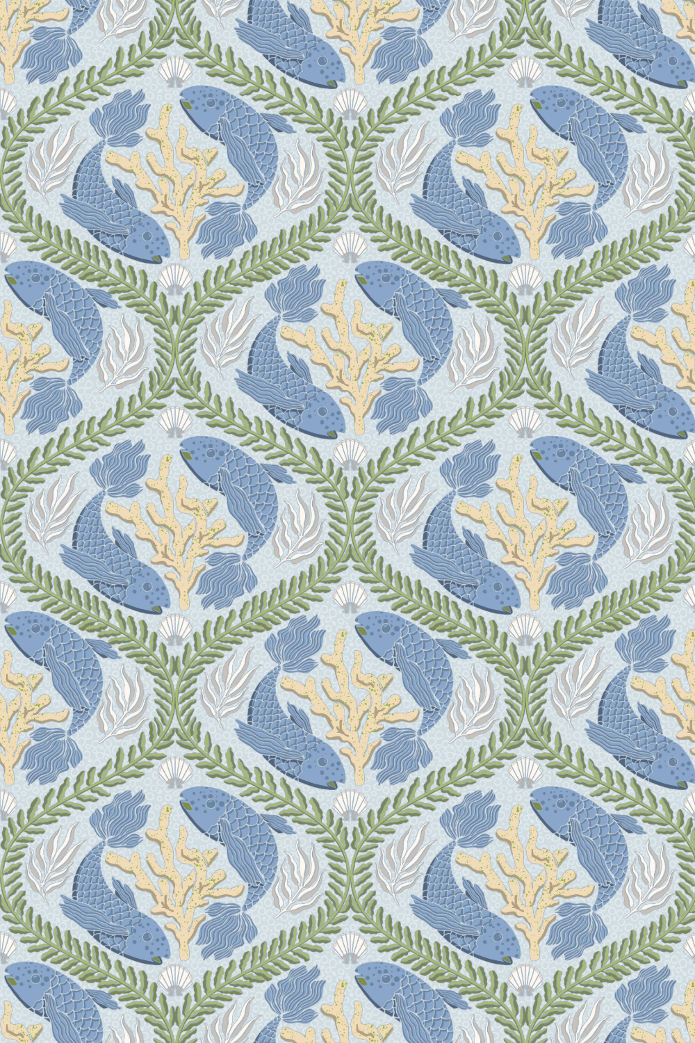 Seamless pattern with blue fish, and beige coral on a light blue background. Dynamic, aquatic theme with calm, harmonious colors.
