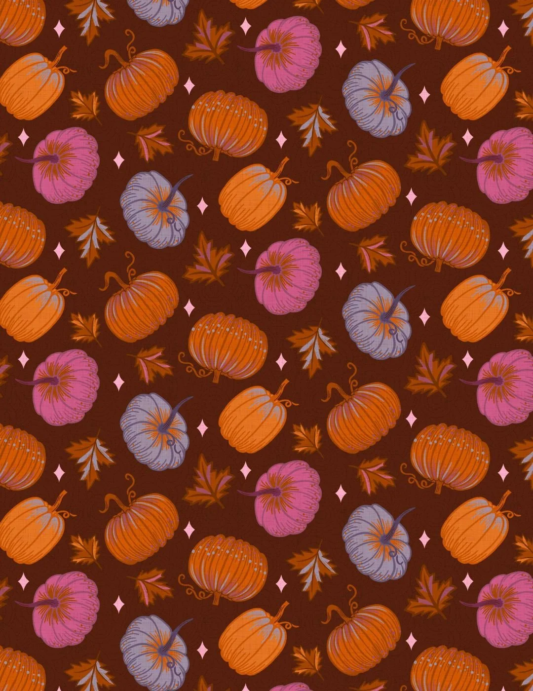 Patterned design showing orange, pink and purple pumpkins, and brown leaves on a dark brown background. Offers a festive autumn feel.