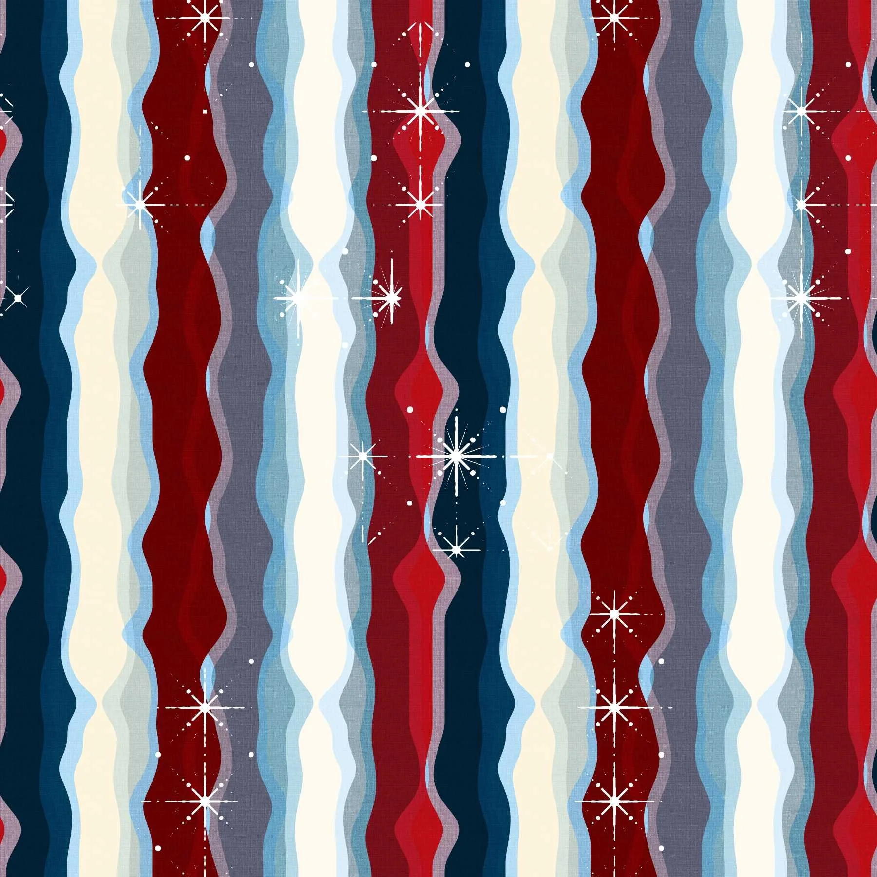 Wavy vertical stripes in navy blue, maroon red, and cream, accented with retro-style white starbursts.
