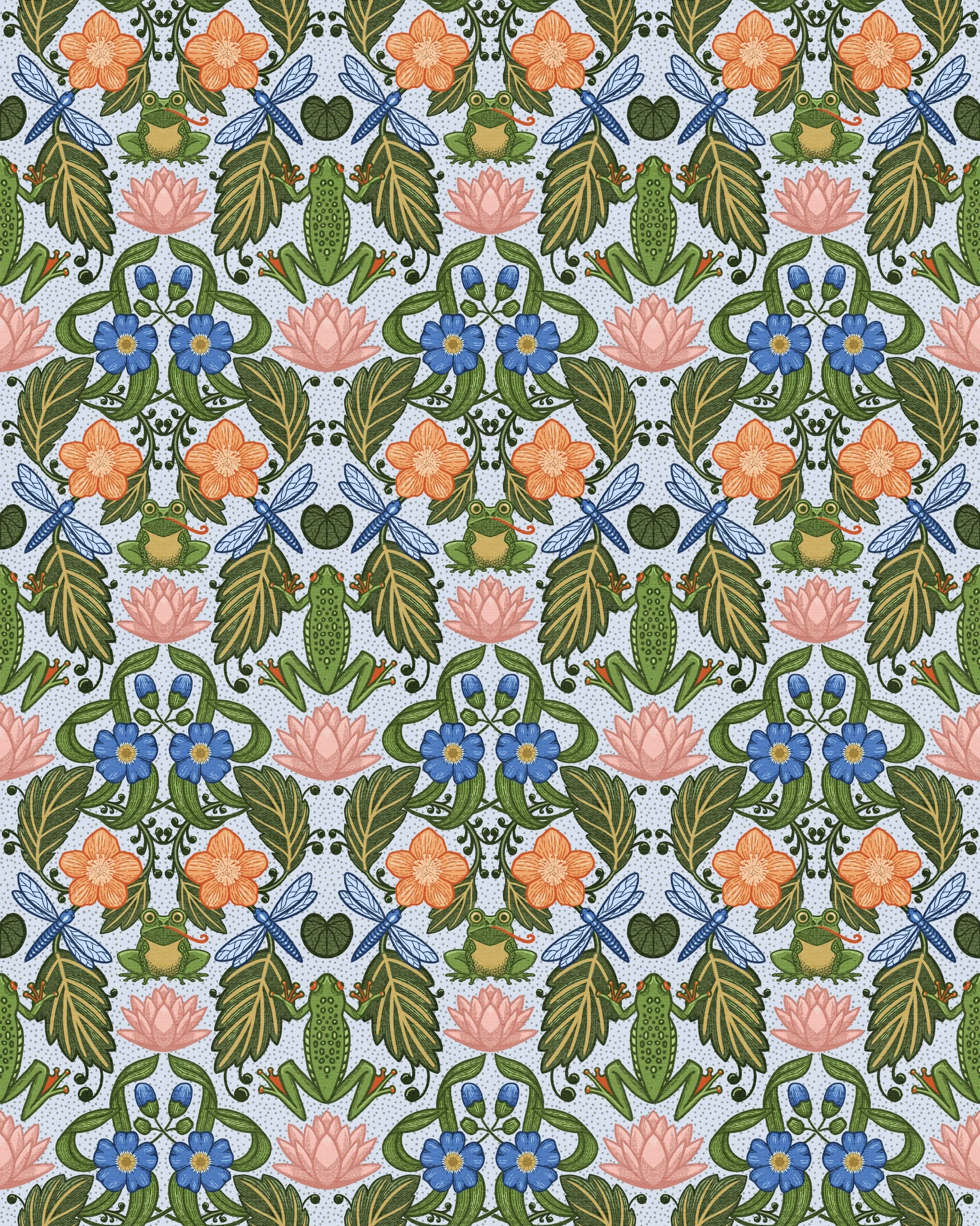 A seamless repeat pattern in Arts & Crafts style featuring frogs, dragonflies, flowers, & leaves in shades of blue, pink, orange, and green.