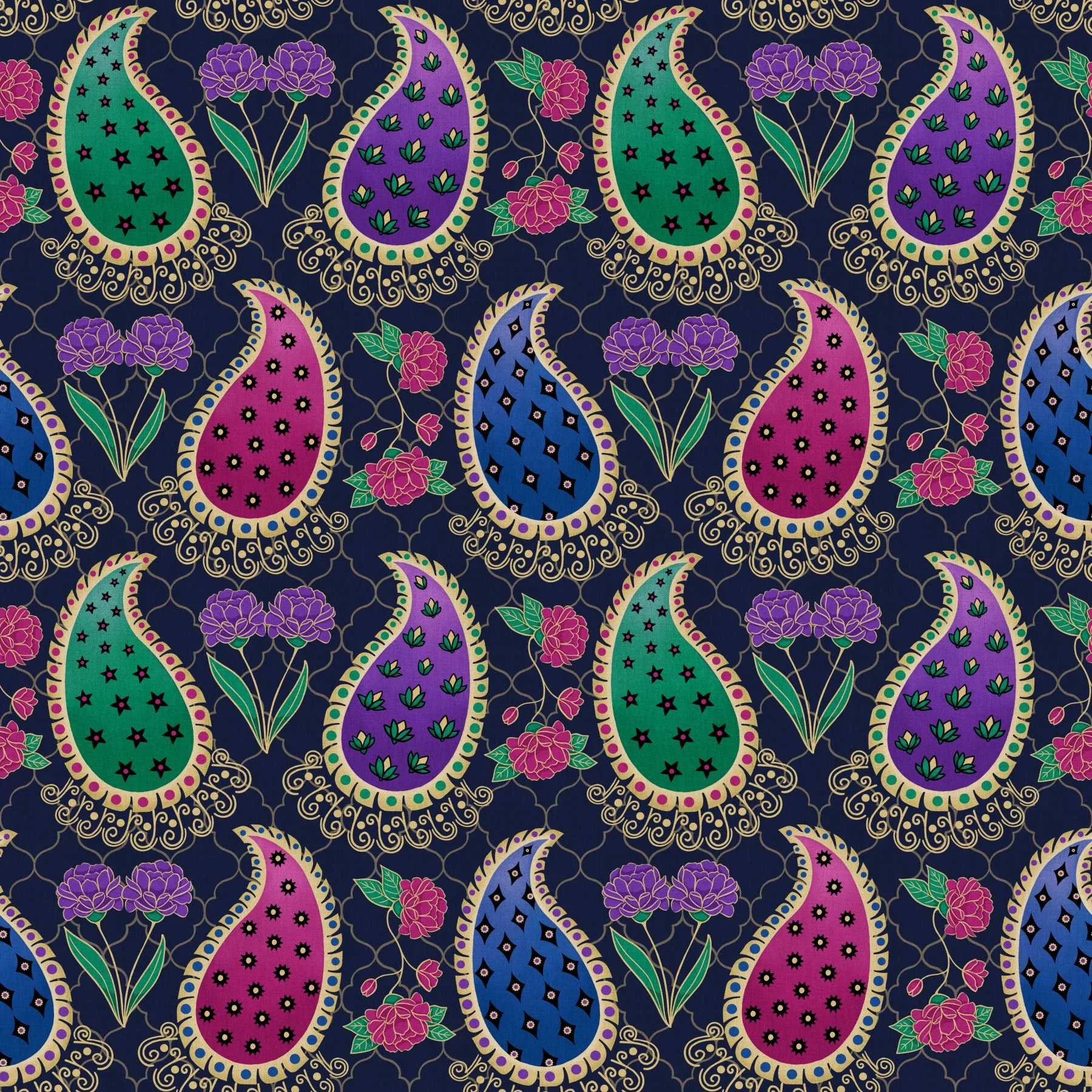 Jewel Toned Boho fabric & wallpaper collection featuring paisley, floral medallion, Moroccan trellis, and geometric diamond patterns in sapphire blue, emerald green, magenta, amethyst purple and gold.
