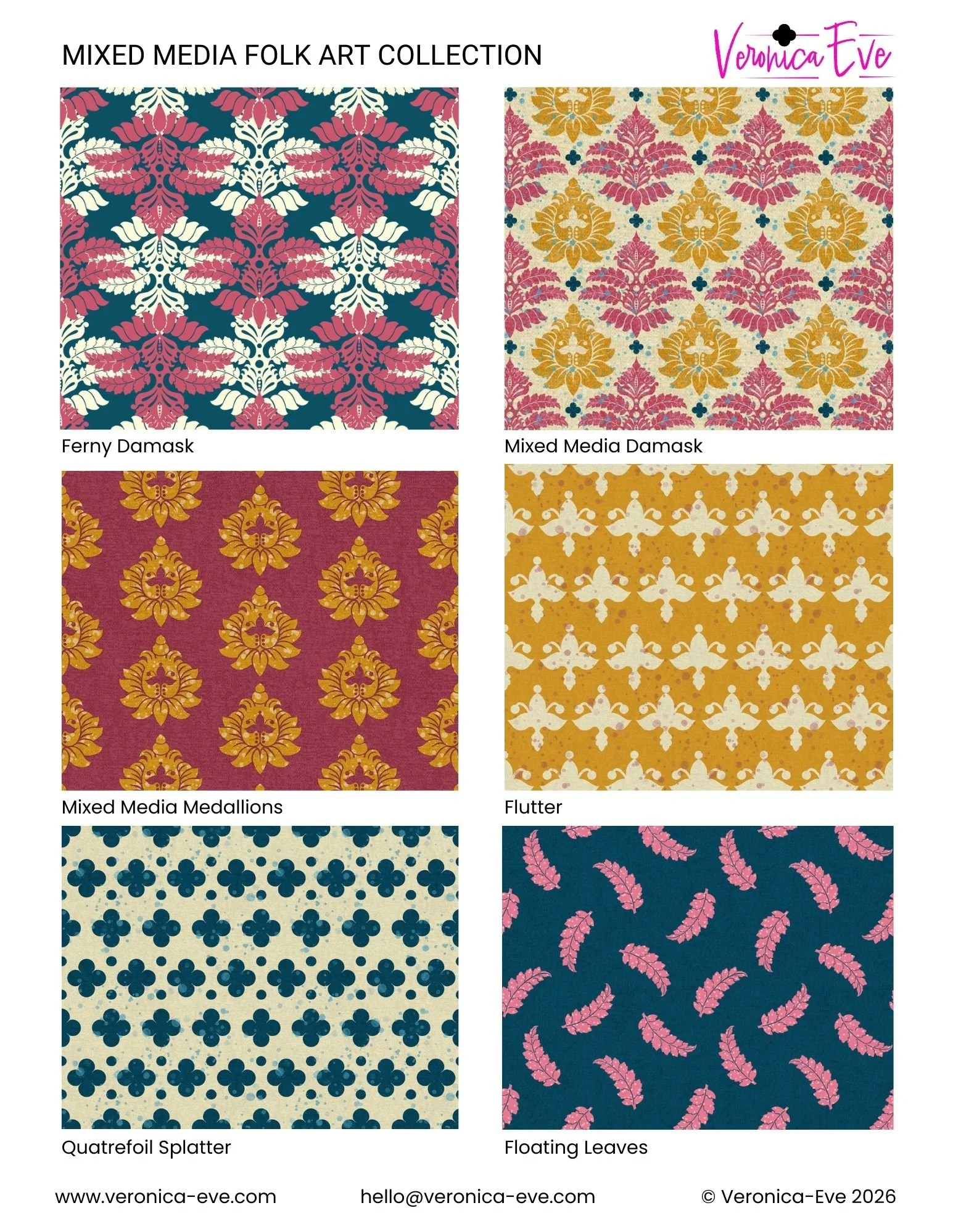 An image of a tear sheet featuring the Mixed Media Folk Art Collection of patterns by Veronica Eve.  The patterns are of folk art inspired botanical damask designs, fleur de lis, quatrefoils and floating leaving .