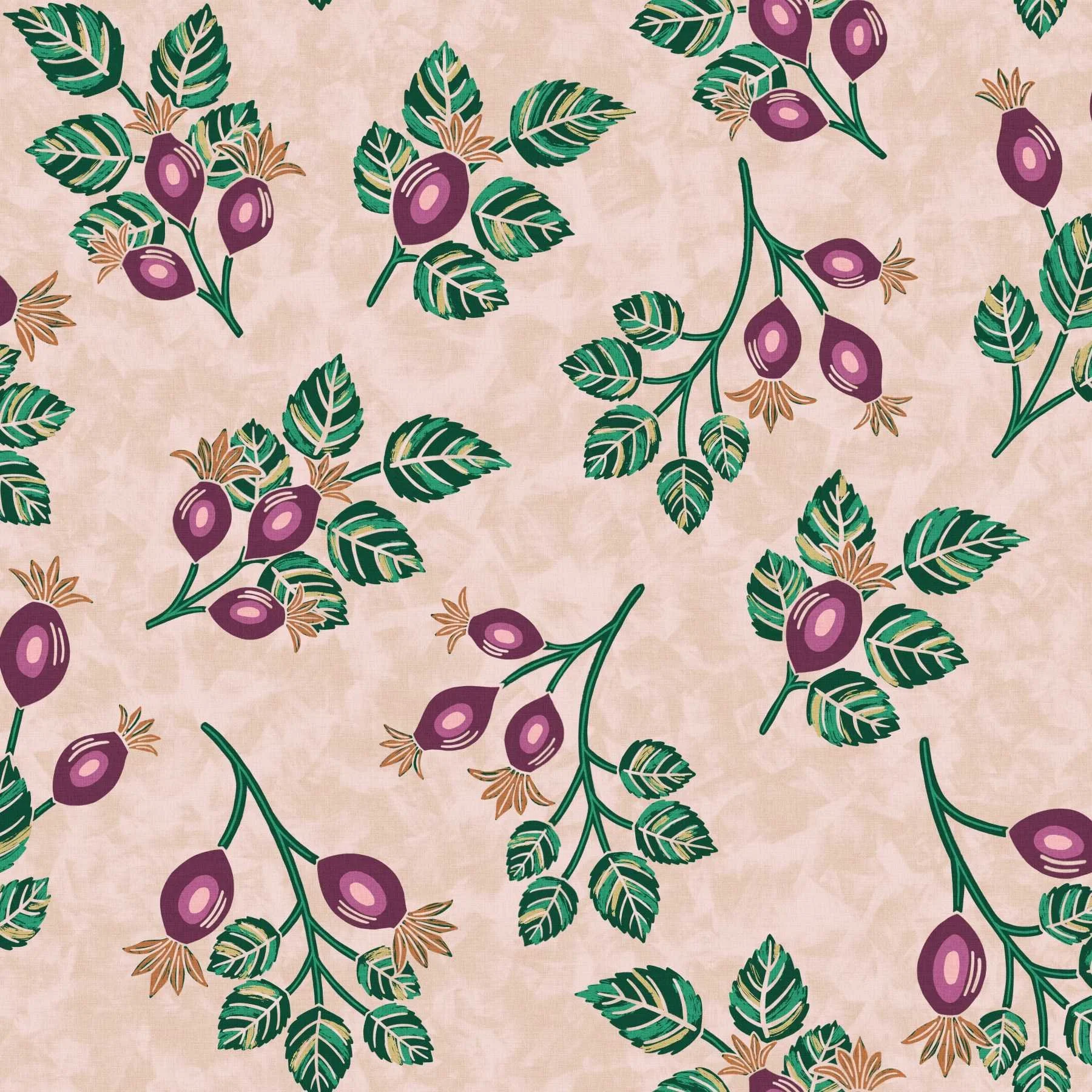 Tossed purple rosehips with green leaves on a mottled blush pink background.