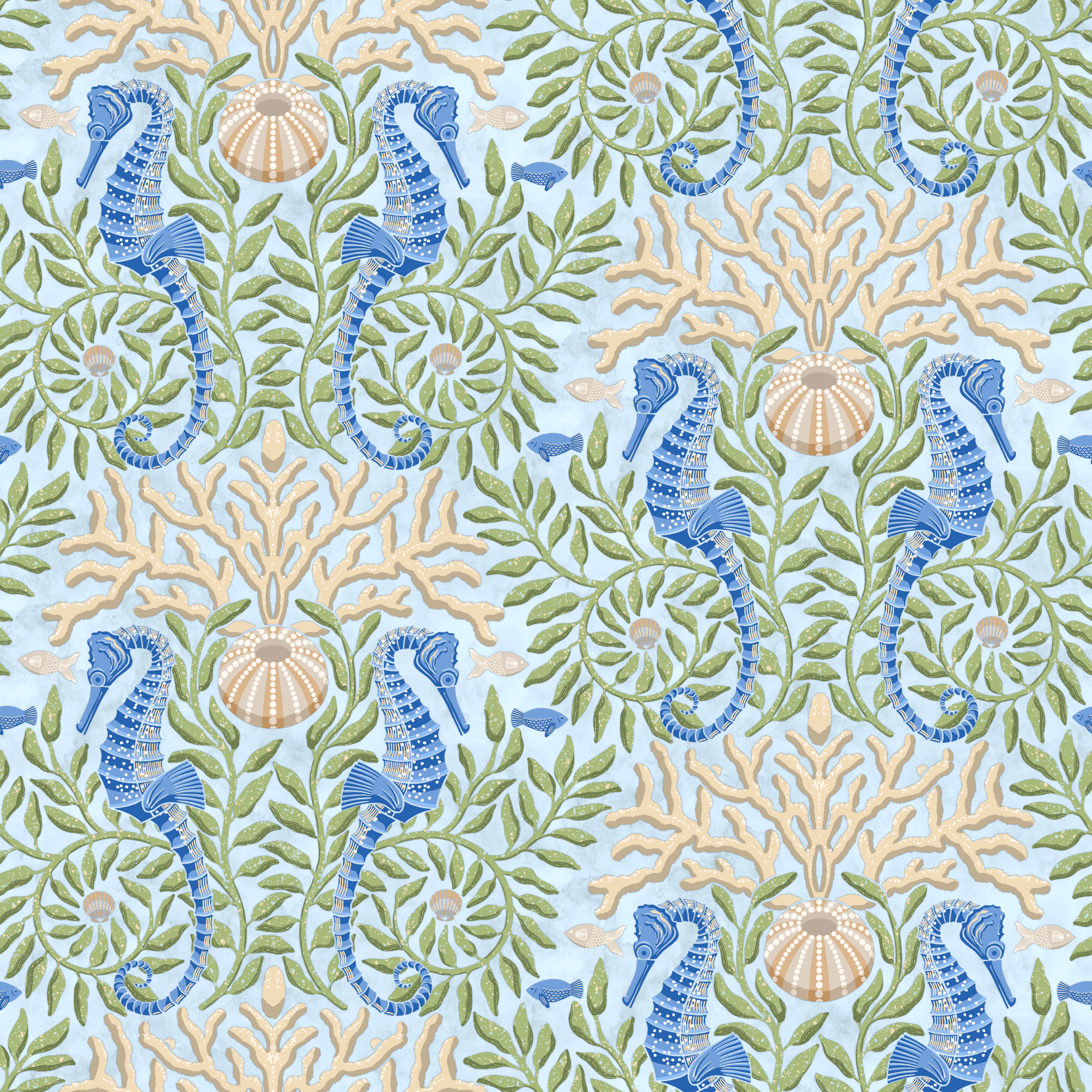 A pattern of blue seahorses, green kelp, beige coral and sea urchins and tiny fish on a light blue background.