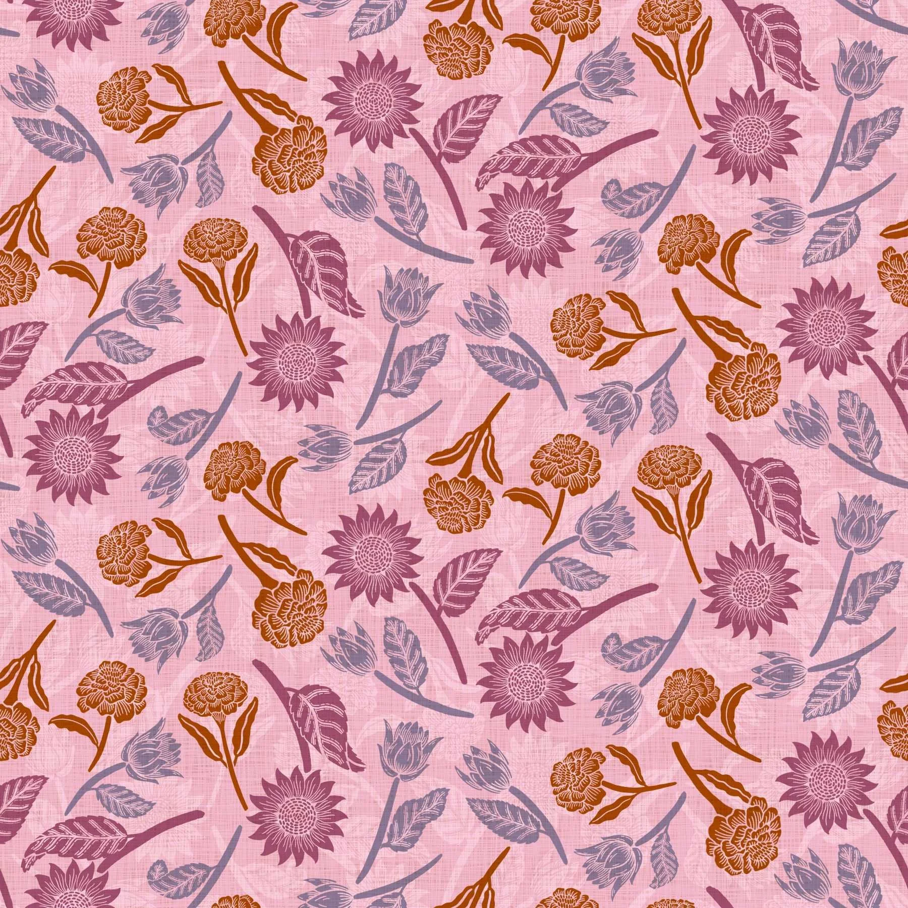 Block print style sunflowers, marigolds, in mauve, deep orange, and lavender on a pink background.