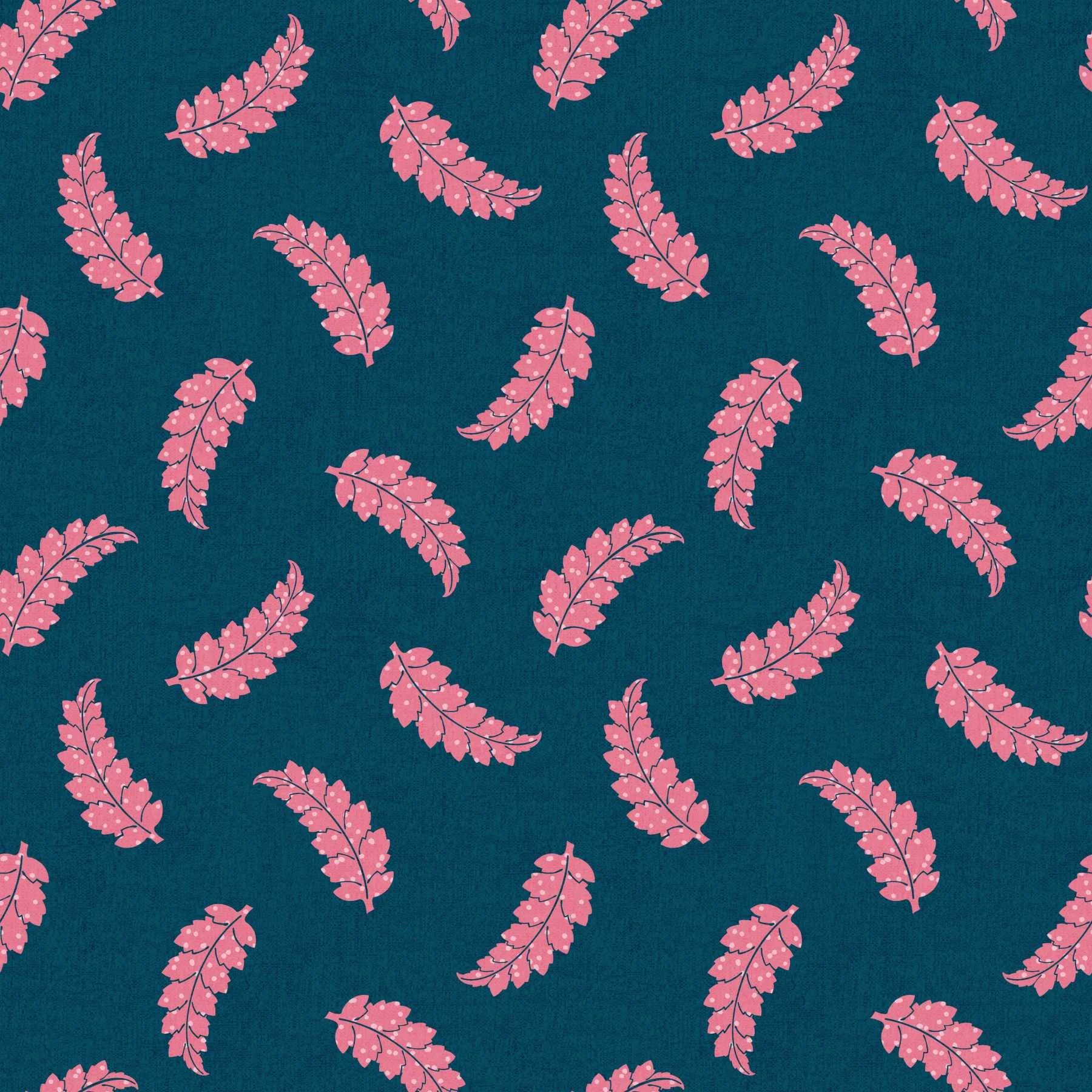 A seamless pattern of stylized pink fern leaves with cream polka dots in a tossed pattern on dark teal.