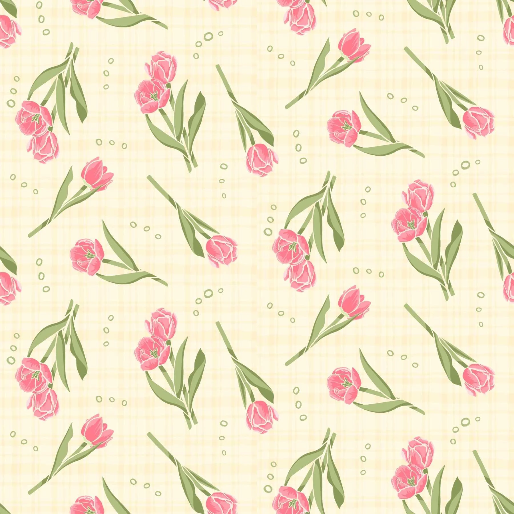 A seamless pattern of tossed pink tulips with green stems and leaves and small green circles on a background of pale yellow and cream plaid.