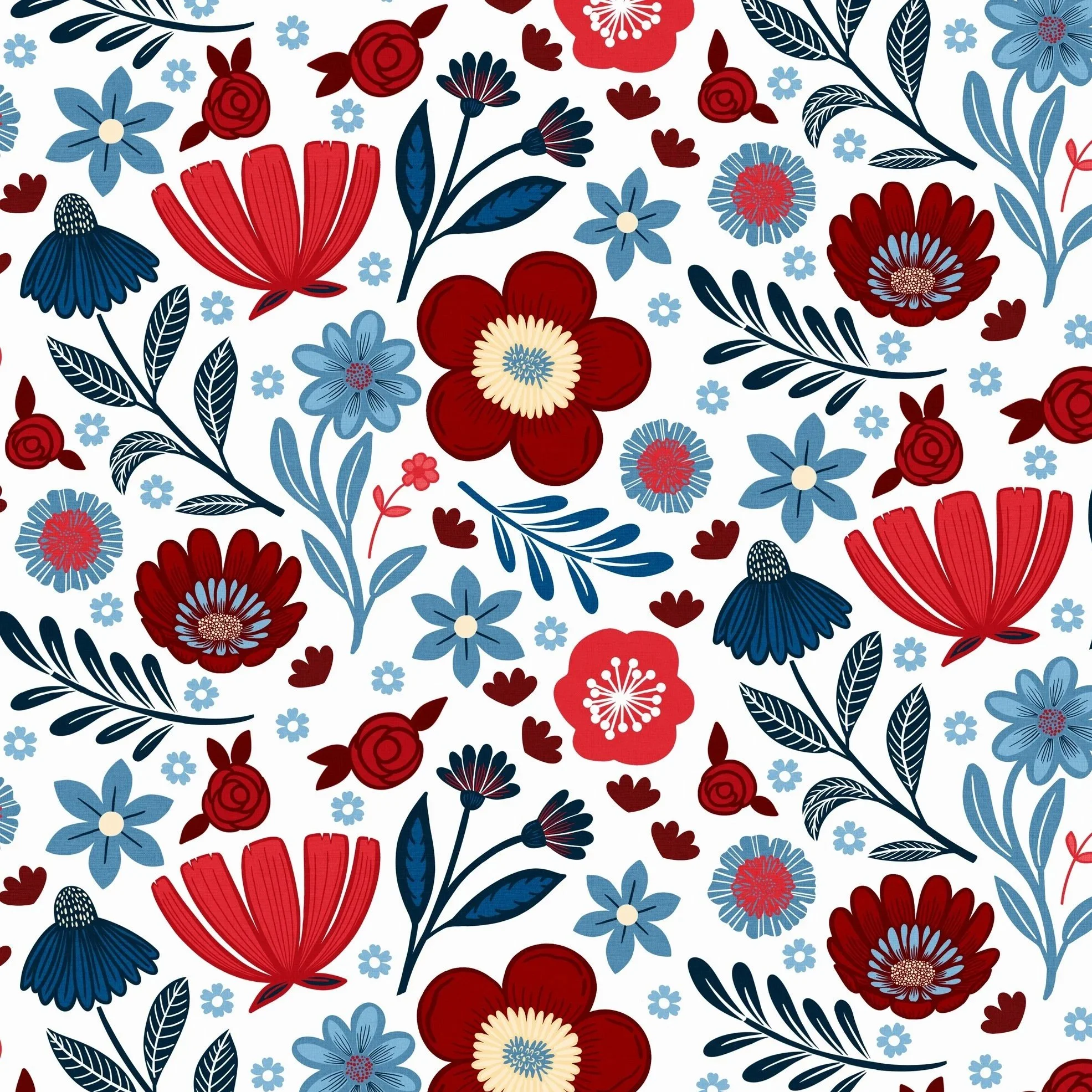 Colorful Americana floral pattern featuring blue and red flowers with intricate details on a white background. The design is vibrant and lively.